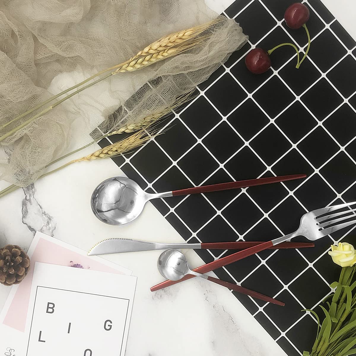24-Piece Stainless Steel Silverware Set for 6 - Mirror Polished Red Handle Flatware Cutlery Set with Knife, Fork & Spoon - Dishwasher Safe for Home, Restaurant & Dinner Parties - Elegant Tableware for Everyday Use & Special Occasions