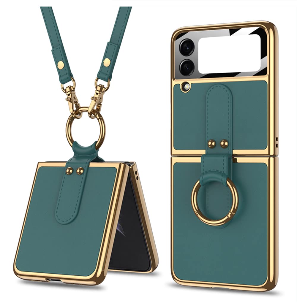 Premium Ultra-Thin Samsung Galaxy Z Flip 3 5G Phone Case with Ring Holder & Adjustable Strap - Shockproof Protective Cover with Screen Protector - Green - Perfect for Daily Use, Travel & Hands-Free Convenience