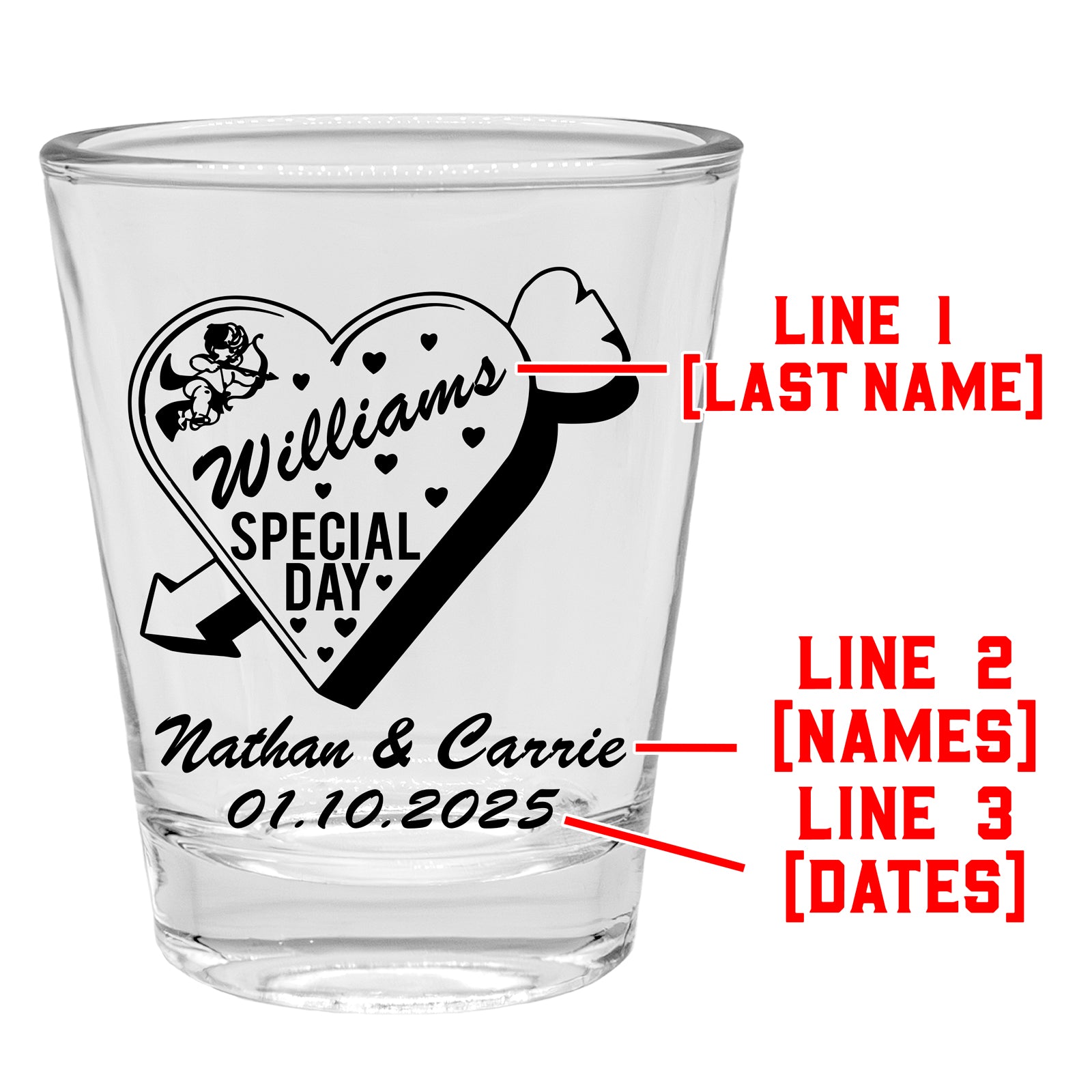 Customizable 1.75oz Clear Shot Glass - Cupid Themed Party Drinking Glasses for Valentine's Day, Bachelorette Parties & Romantic Events