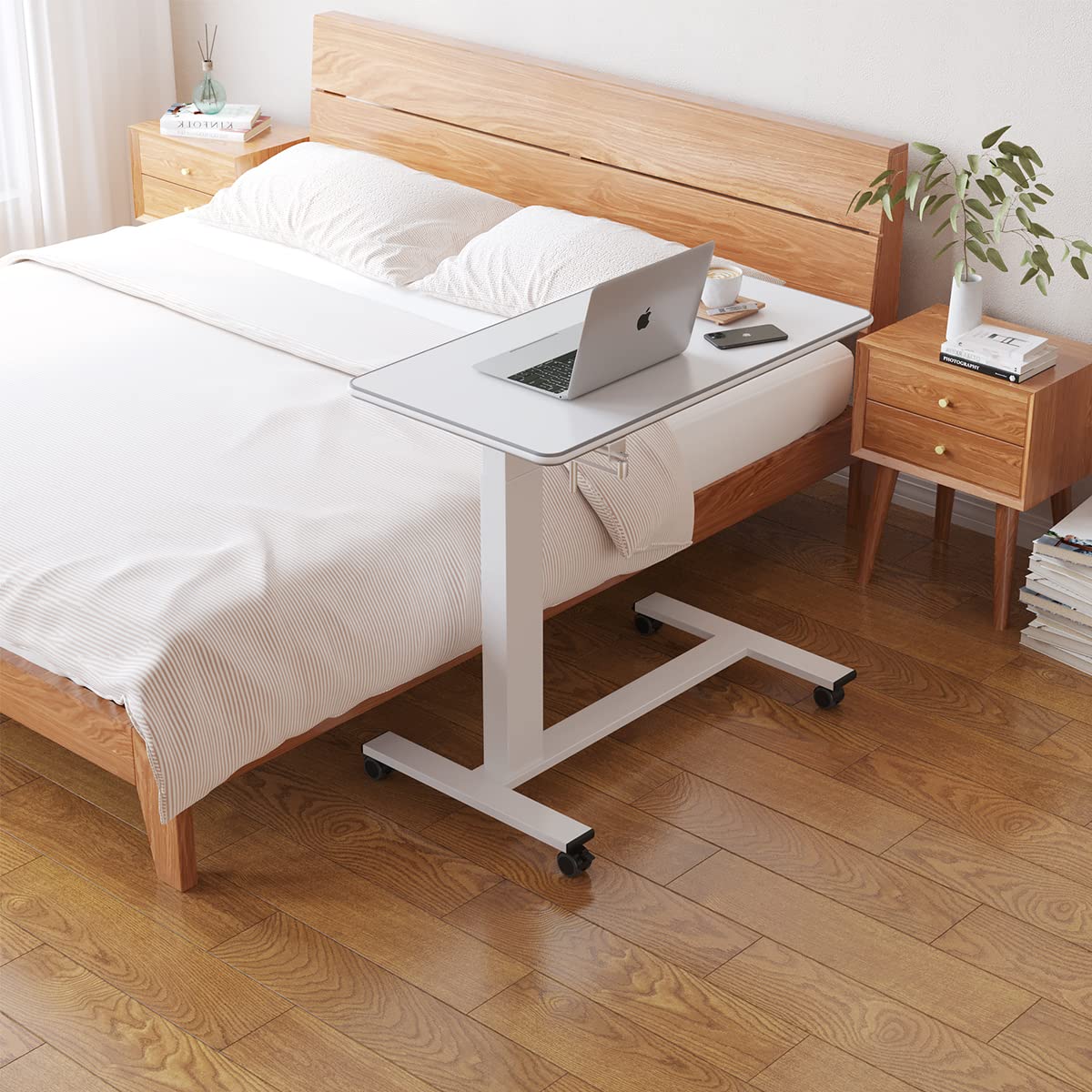 TigerDad Adjustable Height Hospital Bed Table with Wheels - Overbed Desk for Laptop, Food & Reading - Mobile Bedside Table for Home, Nursing Homes & Hospitals (Hand Crank Operation)