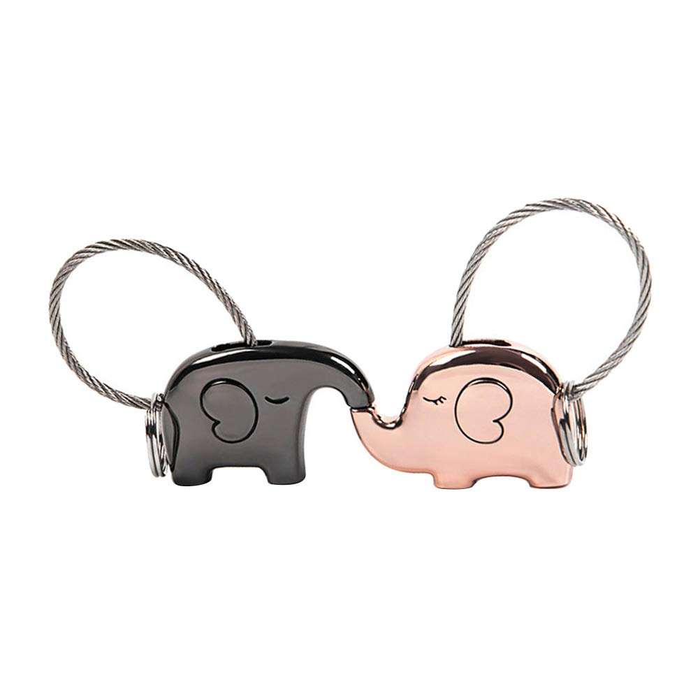 KESYOO 2PCS Lovely Elephant Keychain Set - Creative Kissing Animal Couple Keyring, Metal Wire Rope Key Holder for Couples (Black & Rose Gold) - Perfect Romantic Gift for Anniversary, Valentine's Day & Everyday Use