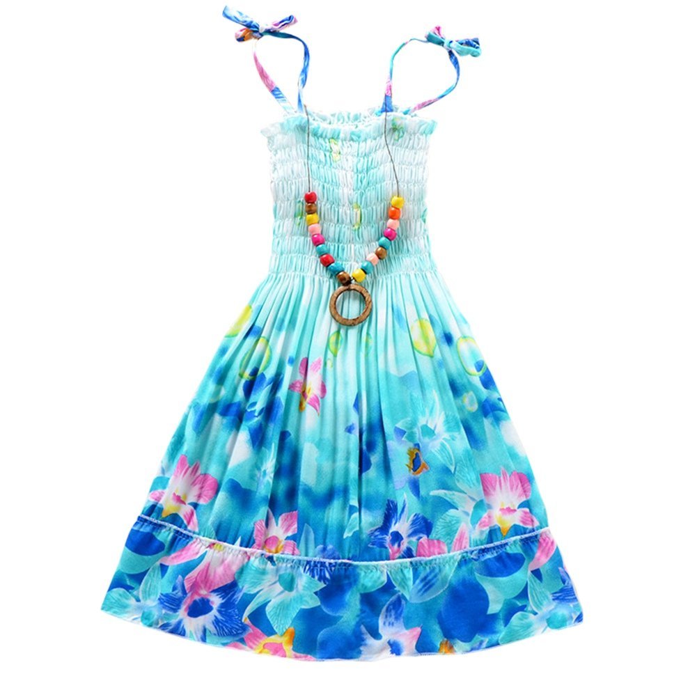 ESHOO Girls Summer Beach Dress with Necklace - Cute Floral Print Vacation Outfit for Kids, Perfect for Beach Trips, Pool Parties & Family Outings
