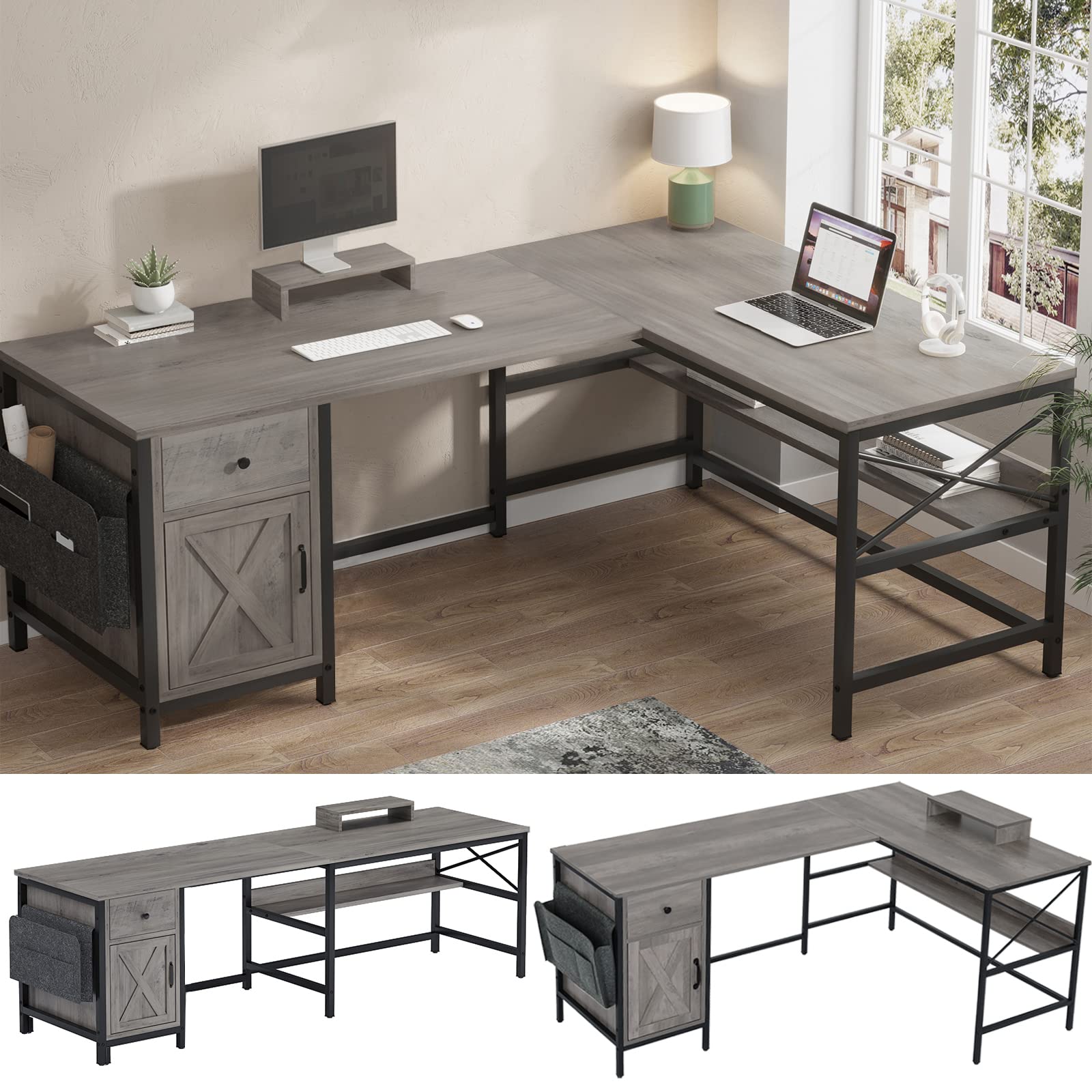 Sedeta L-Shaped Computer Desk - Reversible Corner Home Office Desk for 2 People with Drawer, Bookshelf, Storage Cabinet & Monitor Stand - Space-Saving L-Shaped Workstation for Small Office, Gaming Setup or Study Room (Retro Grey)
