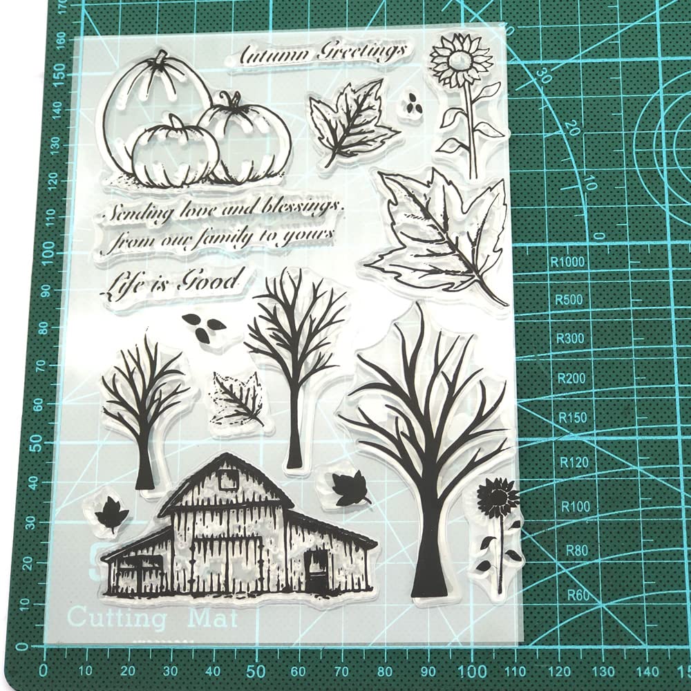 4.3×6.3 Inch Fall Pumpkin Wooden House Clear Stamps - Tree Leaves Sunflower Silicone Stamps for Scrapbooking, Card Making, Thanksgiving, Christmas & Birthday Crafts - Perfect for DIY Greeting Cards, Journals, and Home Decor Projects