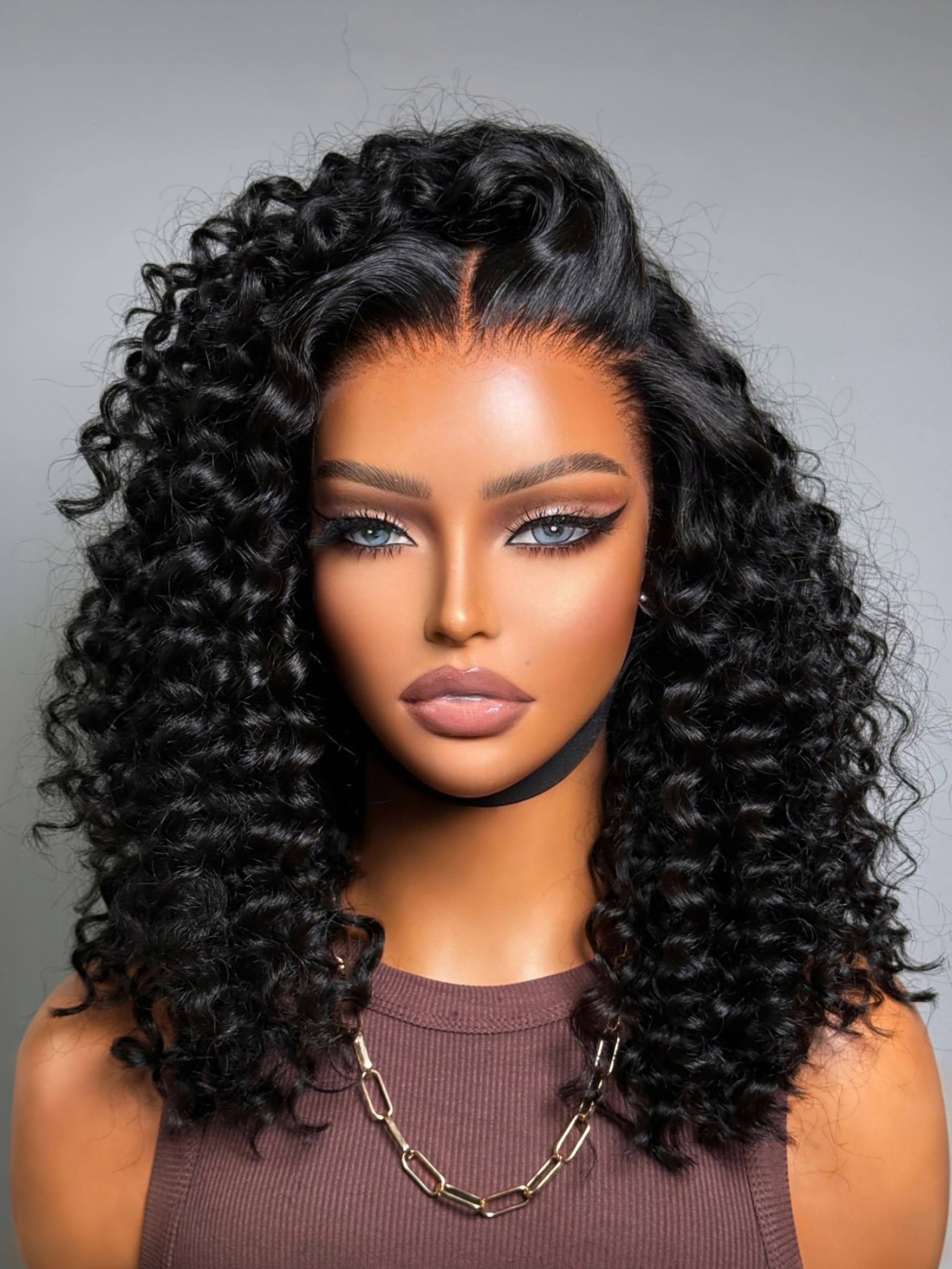 LUVME 13x5 Deep Wave Lace Front Wigs - 100% Human Hair with Pre-Plucked HD Transparent Lace - Glueless 14 Inch Natural Black Long Curly Wig for Women - Perfect for Daily Wear, Cosplay, and Special Occasions