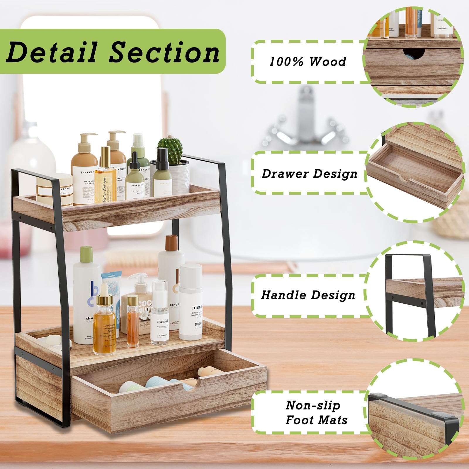 2-Tier Bathroom Counter Organizer with Drawer - Vanity Shelf Organizer for Makeup, Cosmetics & Toiletries - Space Saving Storage for Bathroom, Kitchen & Office - Rustic Brown Countertop Organizer (Perfect for Small Spaces & Clutter-Free Vanity)