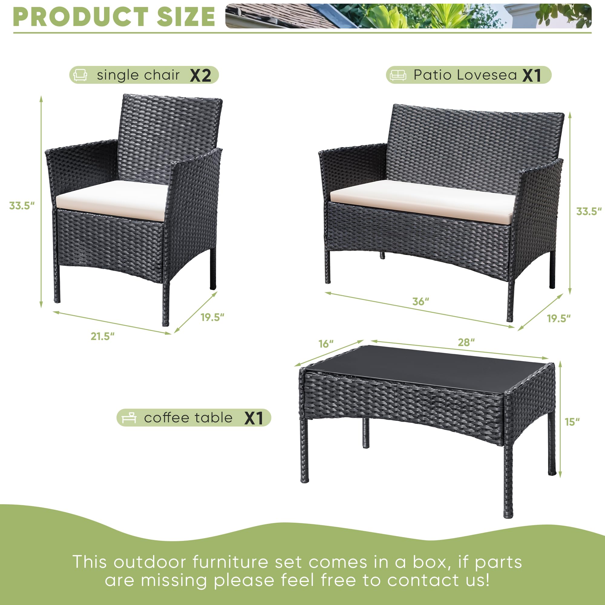 Greesum 4-Piece Outdoor Patio Furniture Set - Wicker Rattan Conversation Chairs with Cushions & Glass Table for Garden, Backyard, Balcony, Porch, Poolside - Black & Beige - Perfect for Relaxing, Entertaining Guests, and Outdoor Dining