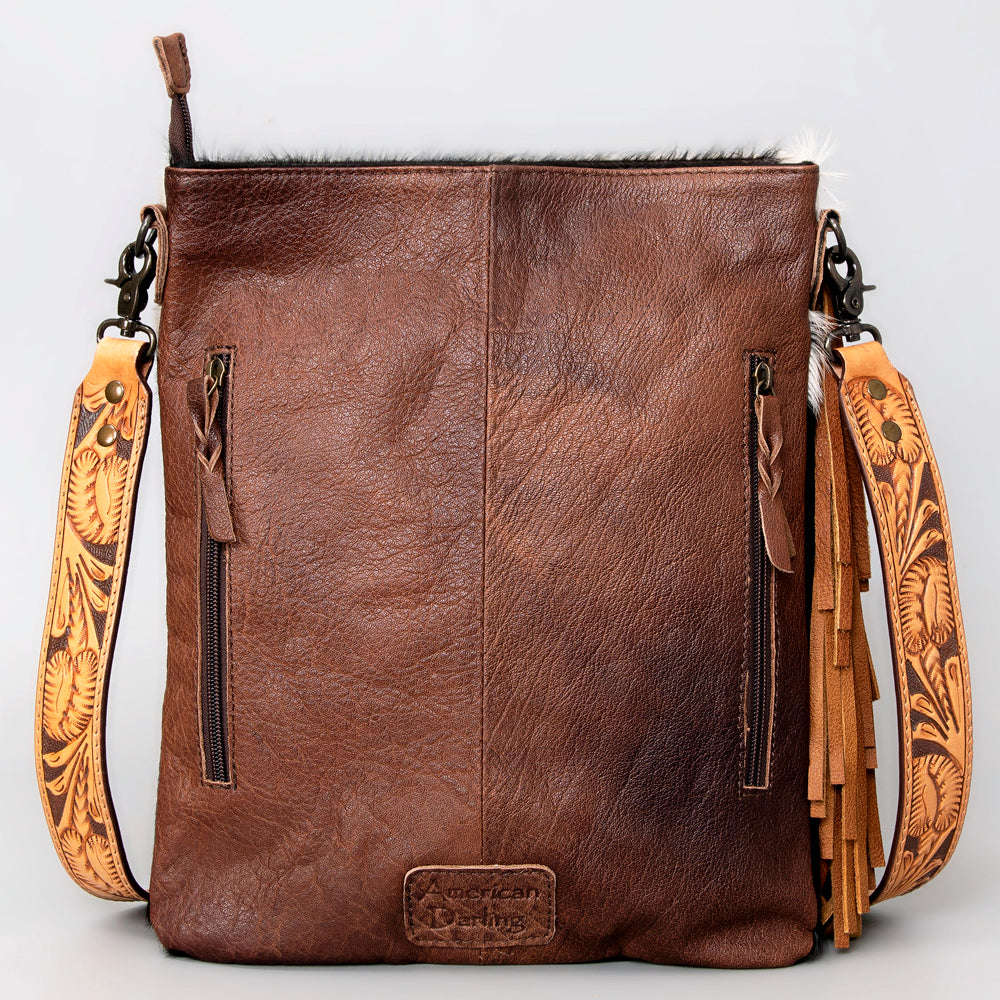 American Darling ADBG464BRW Genuine Leather Women's Western Handbag - Hand Tooled Hair-On Cowhide Purse for Cowgirl Fashion & Rodeo Events