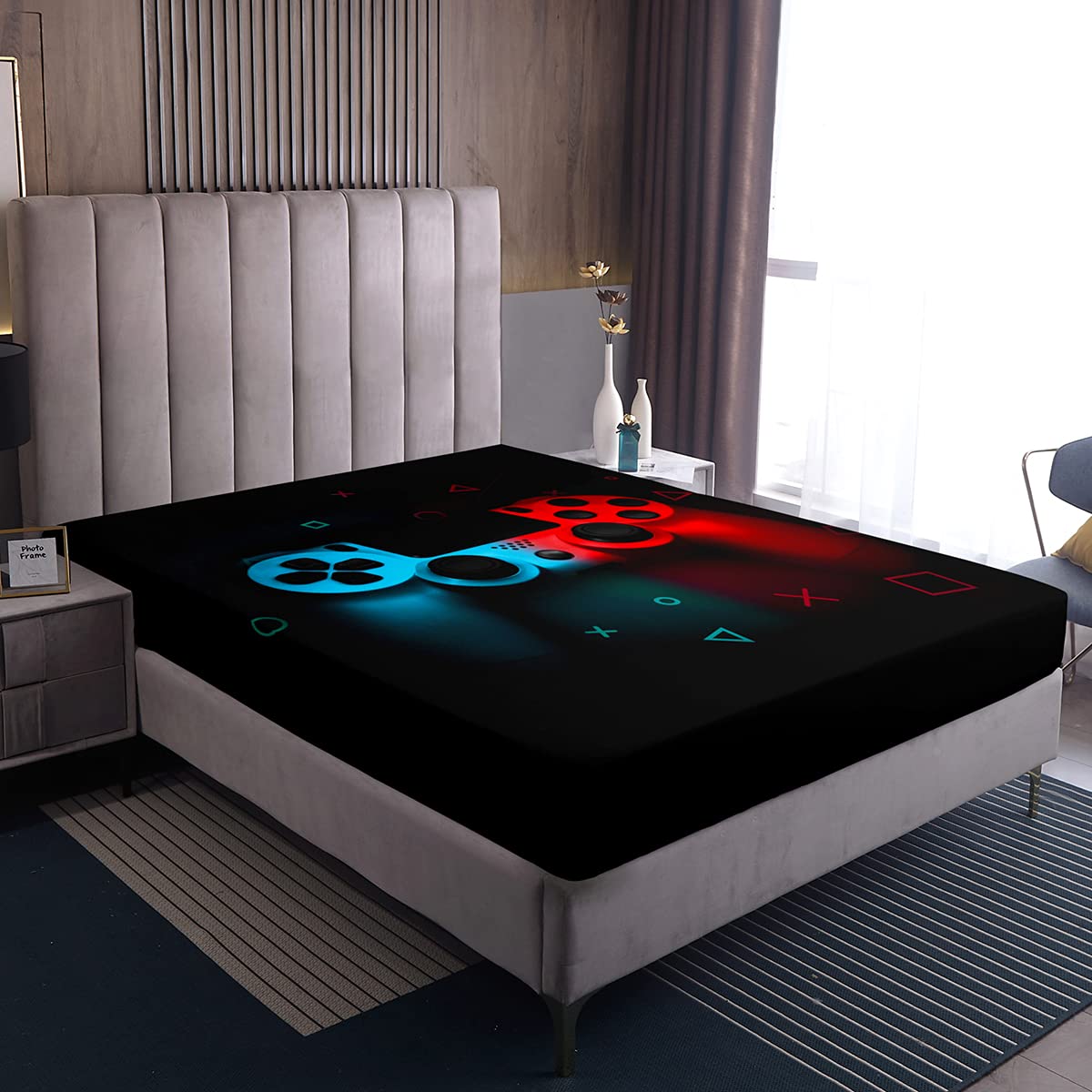 Retro Gaming Bedding Set for Boys - Twin Size Blue & Red Game Controller Printed Fitted Sheet, Flat Sheet & Pillowcase - Video Game Themed Bedroom Decor for Teens, Kids & Gamers - Perfect for Game Rooms, Sleepovers & Gaming Enthusiast Gifts