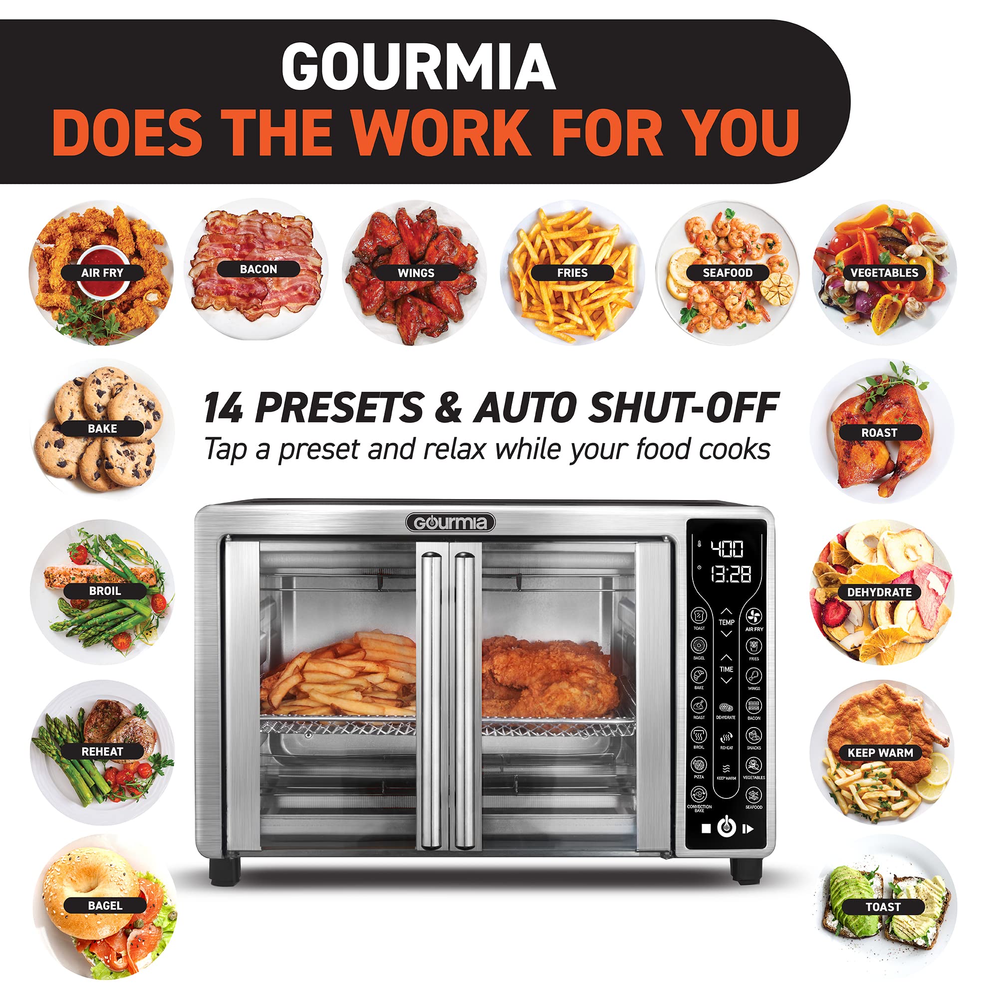 Gourmia GTF7655 17-in-1 Digital Air Fryer Oven with French Door - 6-Slice Capacity, Stainless Steel - Perfect for Baking, Roasting & Air Frying - Ideal for Family Meals & Healthy Cooking