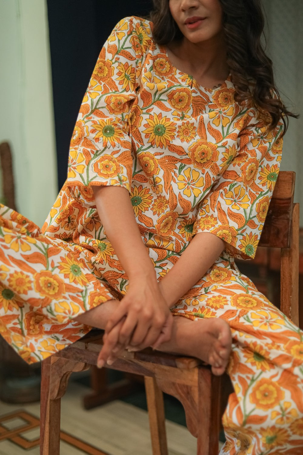 Floral Escape Handblock Printed Pure Cotton Night Suit for Women | Soft & Comfortable Sleepwear Set | Perfect for Lounge, Travel & Home Relaxation
