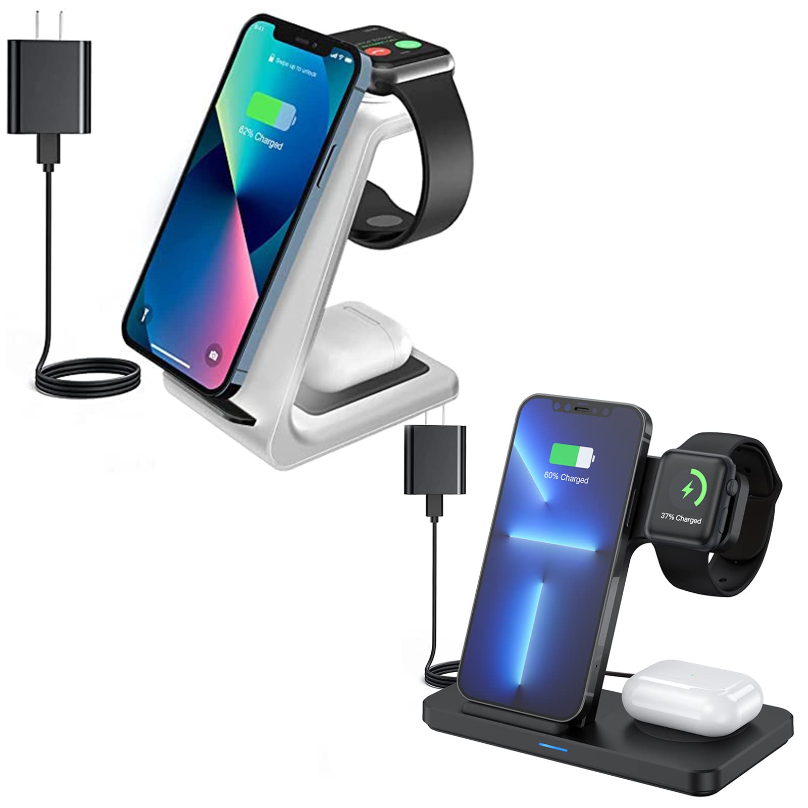 3-in-1 Wireless Charging Station for iPhone 13/12/Pro/Pro Max/SE/XS/XR/X, Apple Watch 7/SE/6/5/4/3/2 & AirPods Pro/3/2 - Fast Qi-Certified Wireless Charger Dock with Nightstand Mode for Bedroom, Office and Travel