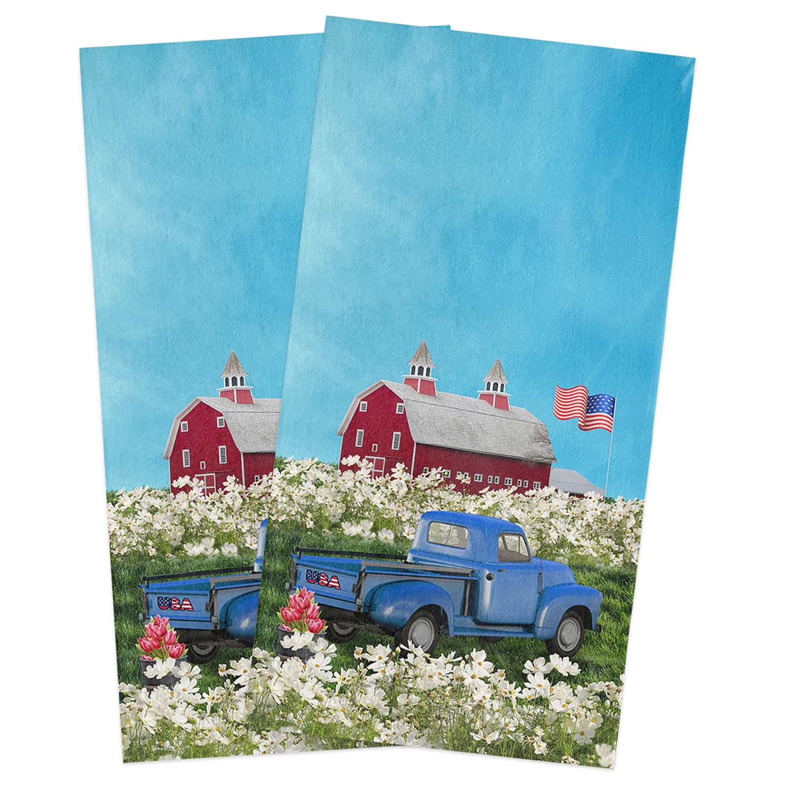2 Pack Daisy Independence Day July 4th Truck Kitchen Towels - Soft Absorbent Cotton Dish Towels, Tea Towels & Bar Towels for Kitchen & Bathroom - Perfect for Drying Dishes, Decorating for Holidays & Everyday Use