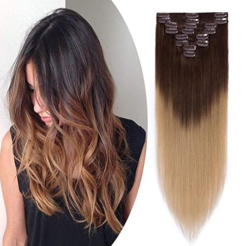 Benehair Clip In Hair Extensions 20 Inch - 8pcs Seamless Lightweight Remy Human Hair Weft, Silky Straight Natural Hair with Medium Brown Ombre Dark Blonde Highlights | Perfect for Daily Styling, Parties & Special Occasions
