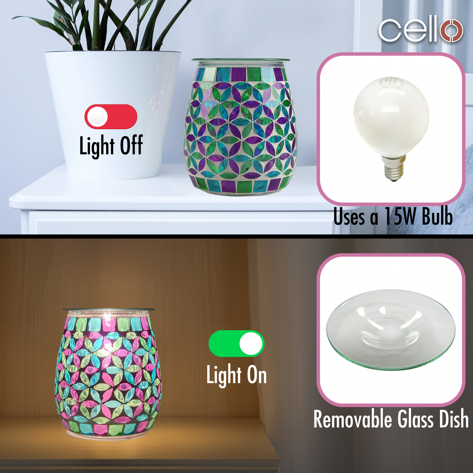 Electric Wax Warmer with Mosaic Glass Design - Geometric Candle Melter for Home Aromatherapy & Relaxation | Perfect for Living Room, Bedroom, Spa & Office Decor
