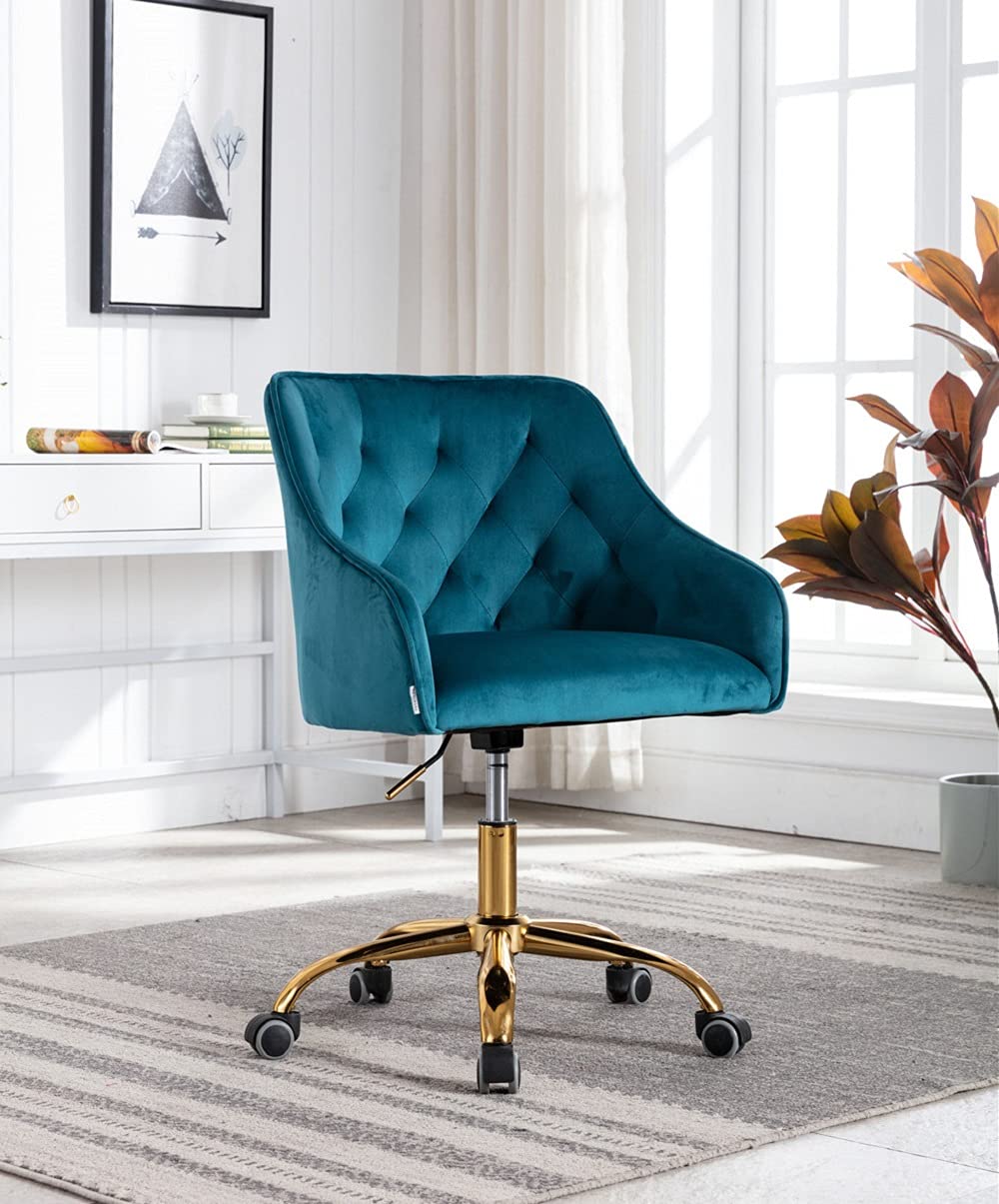 Henf Velvet Office Chair - 360° Swivel Shell Desk Chair with Tufted Back & Gold Base, Soft Small Task Chair for Kids & Students - Perfect for Home Office, Study Room, Bedroom & Living Room (Teal & Gold)