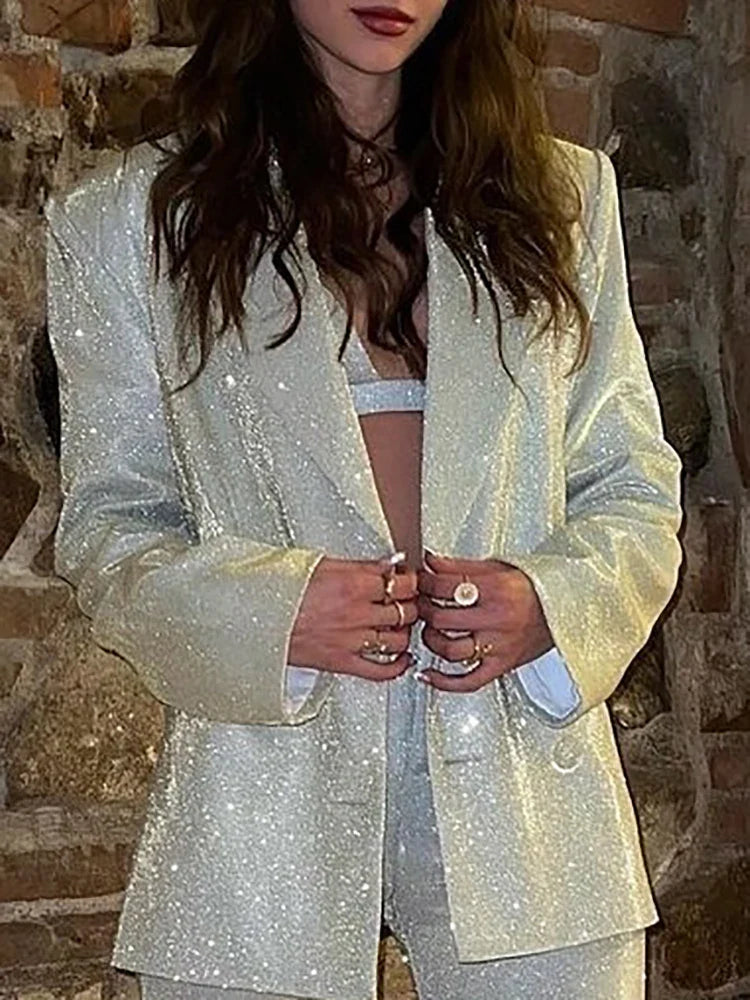 Fantoye Women's Silver Sequins Turn Down Collar Blazer Set with Long Sleeve Top & Casual Pants | Spring Loose Fit Streetwear Outfit for Office, Party & Fashion Events