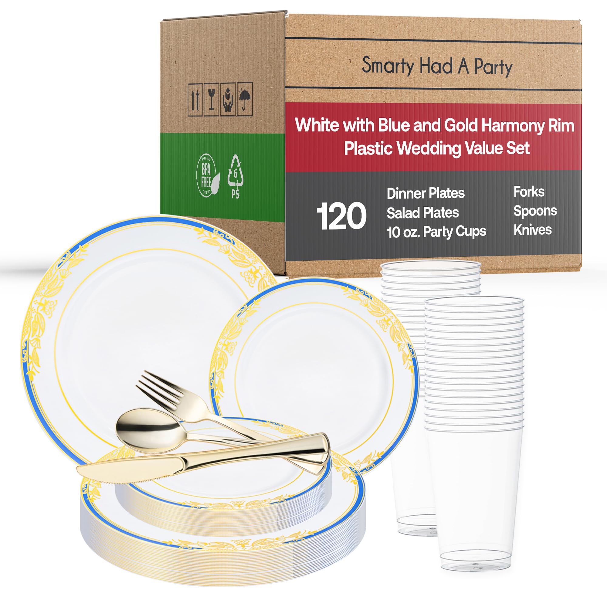 Elegant Disposable Plastic Heavy Duty Dinnerware Sets - Fancy Design Plastic Plates for Wedding, Birthday Party & Special Events | Premium White with Blue & Gold Trim | 120-Piece Wedding Value Set | Perfect for Catering, Buffets & Large Gatherings