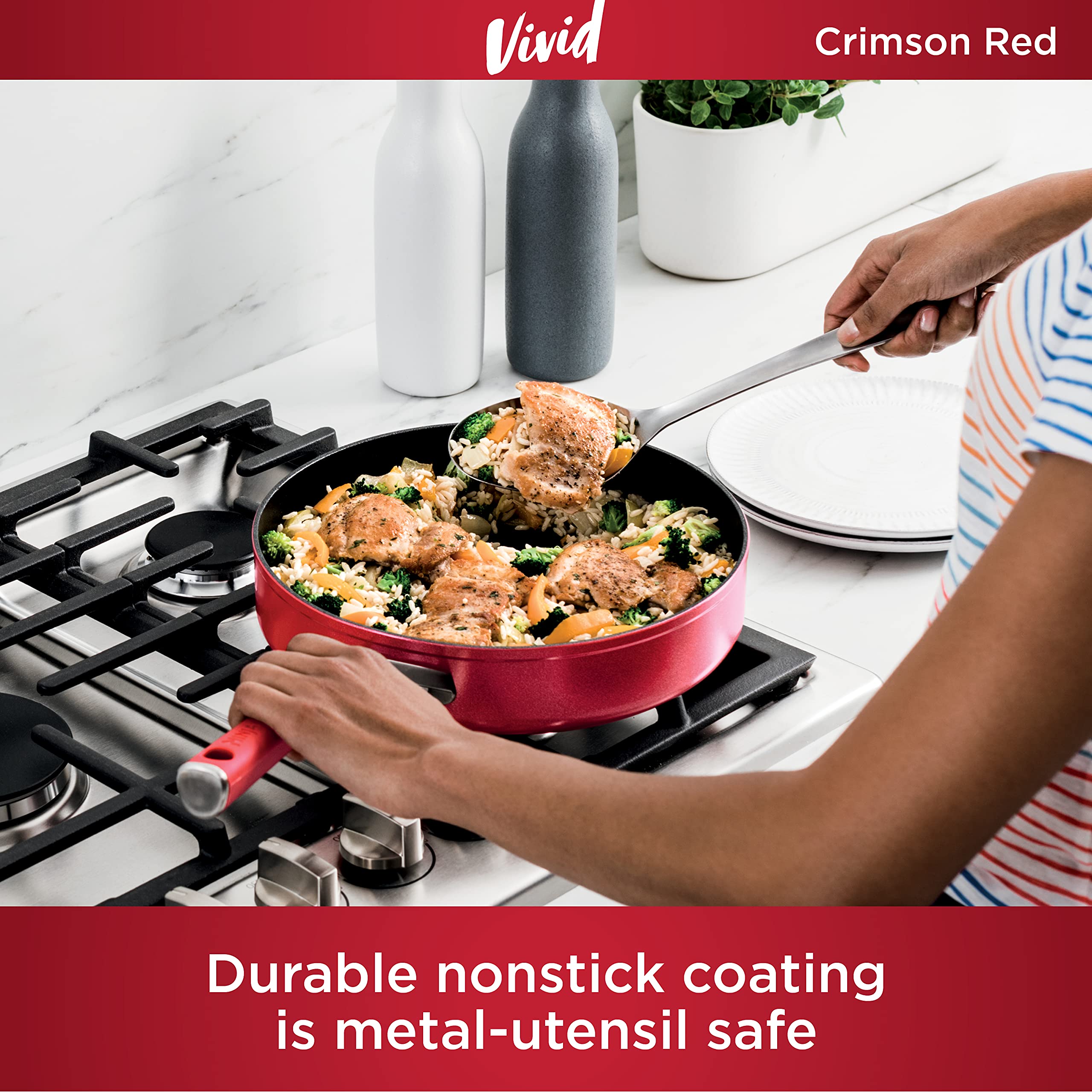 Ninja C20130 Foodi NeverStick Vivid 3-Quart Nonstick Sauté Pan with Glass Lid - Durable, Oven Safe to 400°F, Cool-Touch Handles, Crimson Red - Perfect for Sautéing, Frying & Baking at Home
