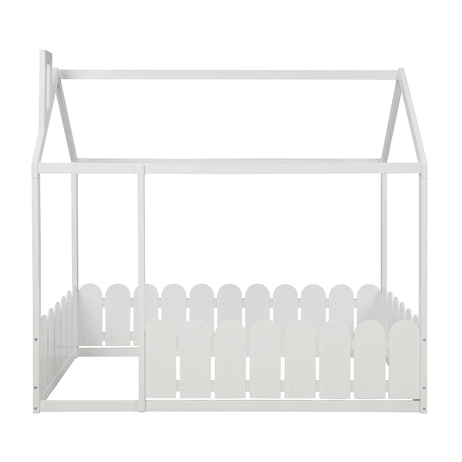 House-Shaped Kids Bed Frame - Twin Size Wooden Floor Bed with Safety Fence for Toddlers, Children & Teens - Ideal for Montessori Bedrooms & Playrooms (White, Slats Not Included)