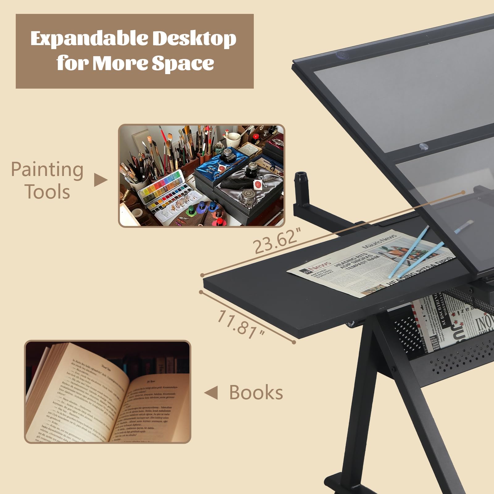 Adjustable Drafting Table with Stool - Tilting Tempered Glass Top Art Desk for Painting & Crafting, 2 Storage Drawers, Height Adjustable (Black) - Perfect for Artists, Architects & DIY Projects in Home Studio or Office