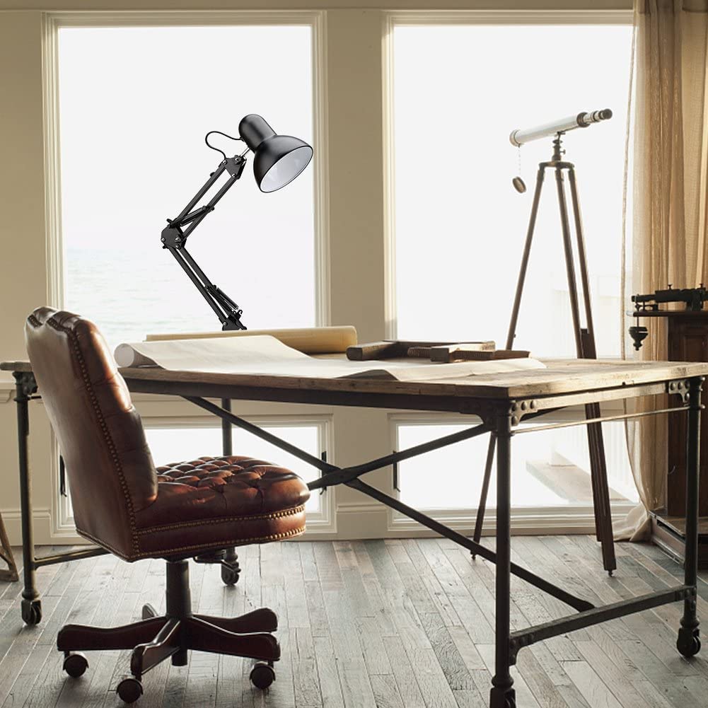 PowerKing Swing Arm Architect Desk Lamp with Clamp - Adjustable LED Task Light for Home Office, Study & Reading - Black Workspace Lighting Solution