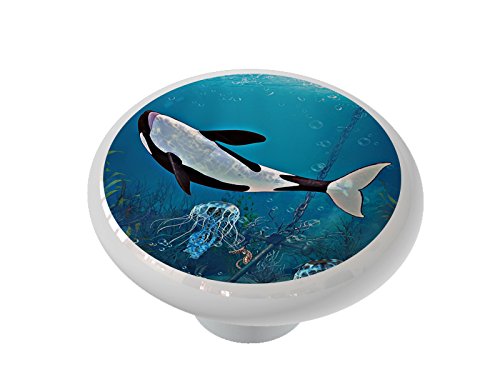 Orca and Jellyfish Reef Ceramic Drawer Knob - Unique Ocean-Themed Cabinet Hardware for Kitchen, Bathroom & Furniture (Set of 2) - Perfect for Beach House Decor, Kids Room & Coastal Style Interiors