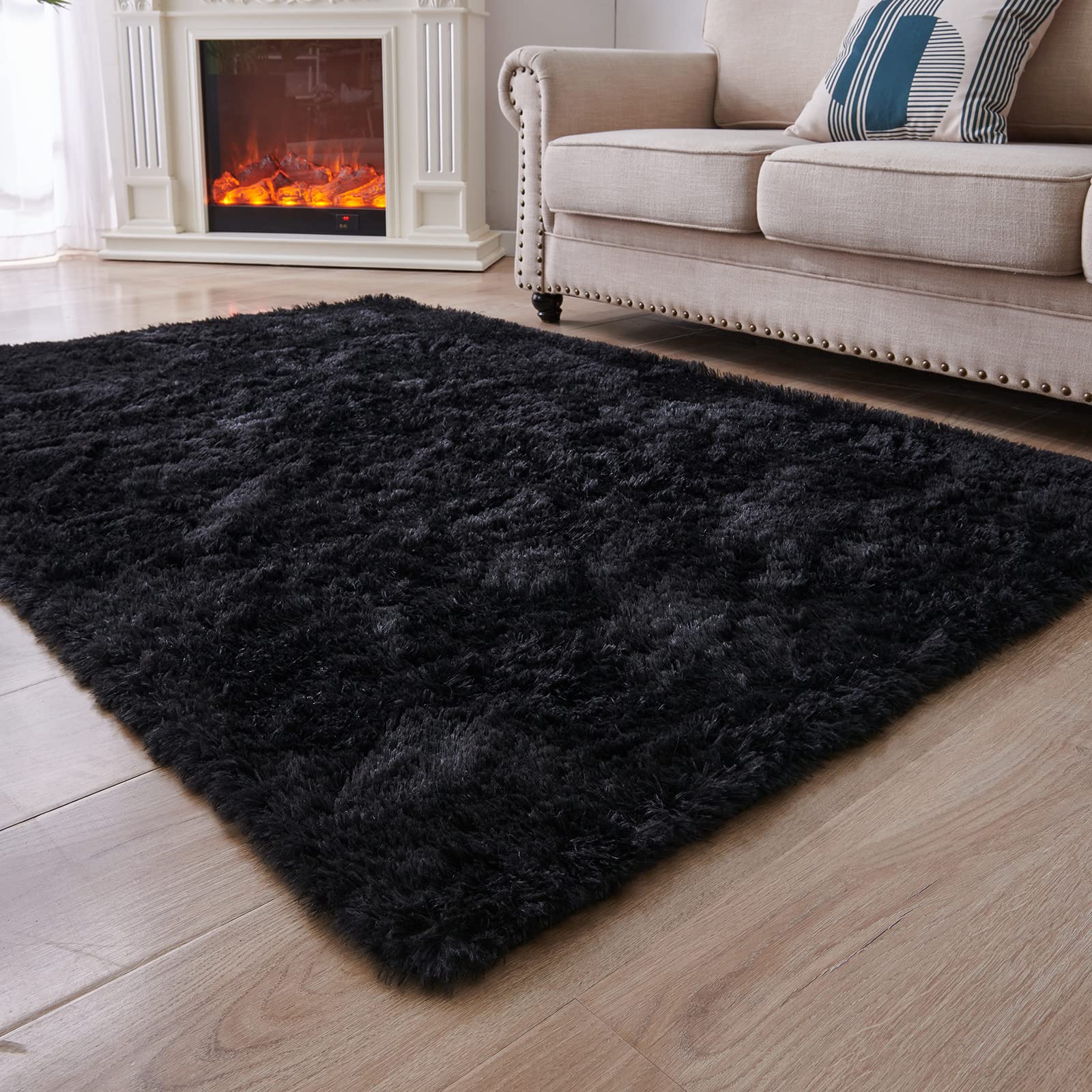 ANVARUG Fluffy 5'x8' Shag Area Rug - Ultra Soft & Luxurious Living Room Carpet, Non-Slip Bedroom Rug with Plush Pile, Black Rectangle Floor Mat for Cozy Home Decor | Perfect for Living Spaces, Bedrooms & Dorm Rooms