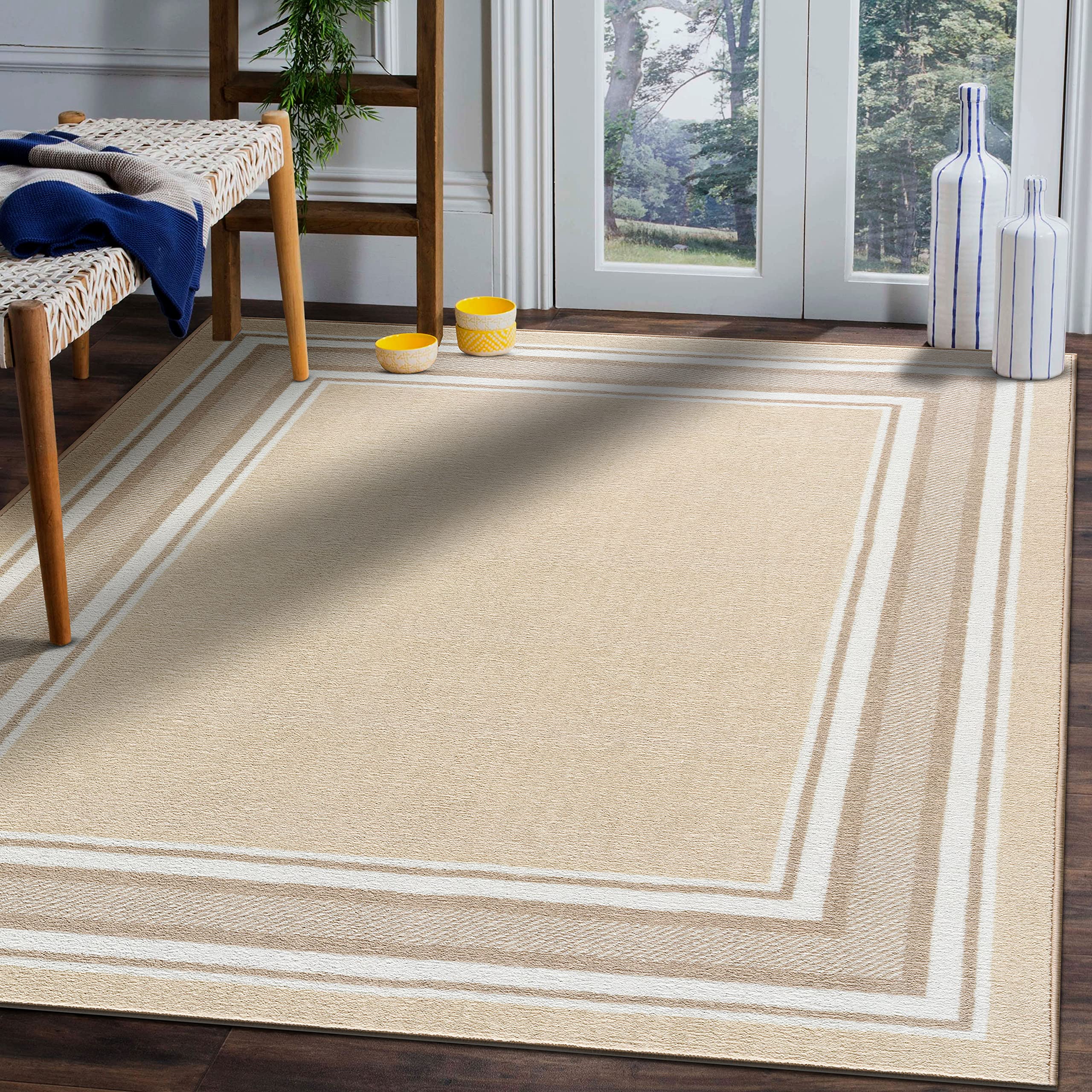 Beverly Rug Modern Bordered 2X3 Area Rug - Non-Slip Rubber Backing, Beige - Perfect for Living Room, Dining Room & Bedroom - Soft Indoor Carpet for Home Decor & Comfort