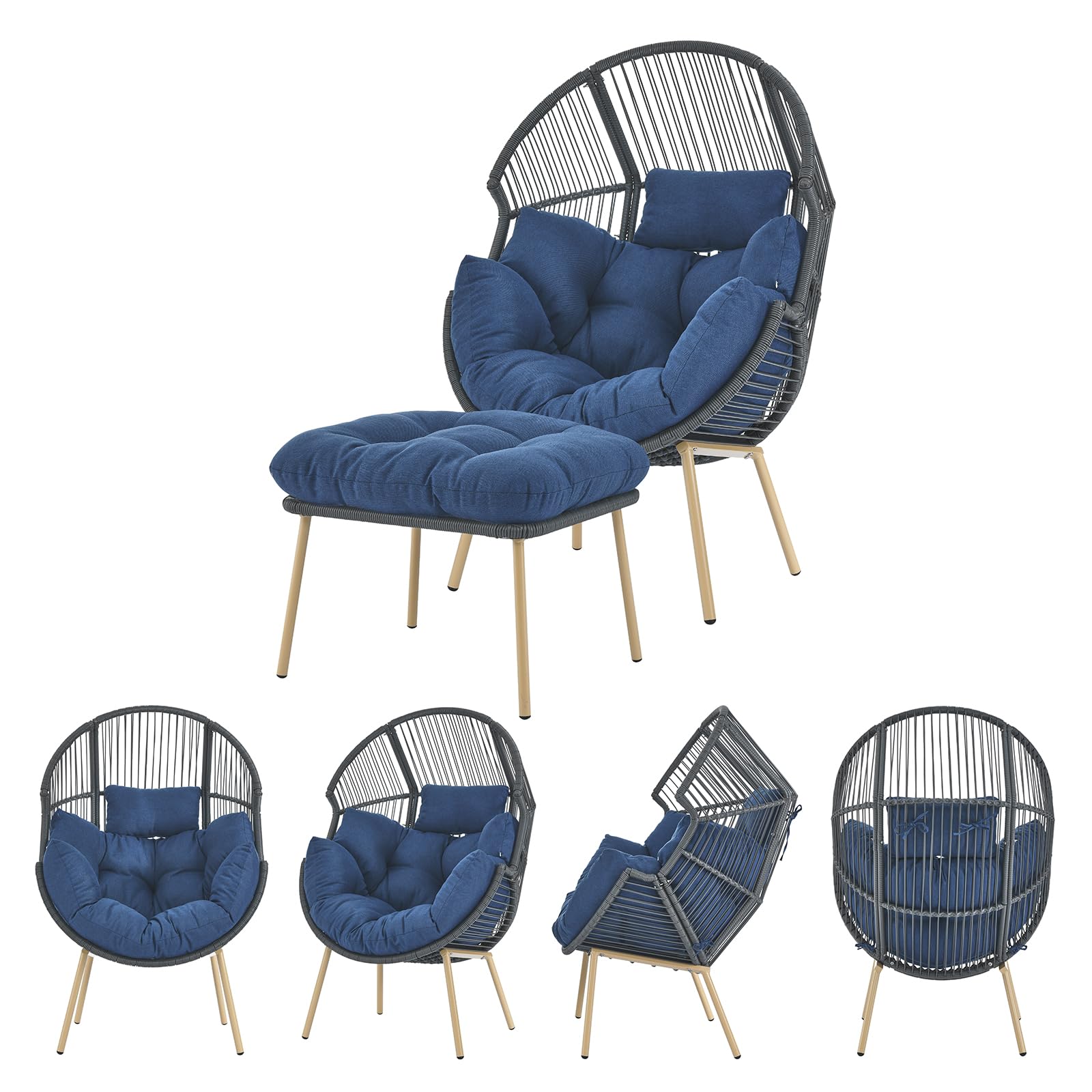Outdoor Wicker Ottoman with Thick Cushion - Rattan Footrest Stool for Patio, Porch, Backyard & Garden - Grey/Blue - Perfect for Relaxing, Sunbathing & Outdoor Entertaining