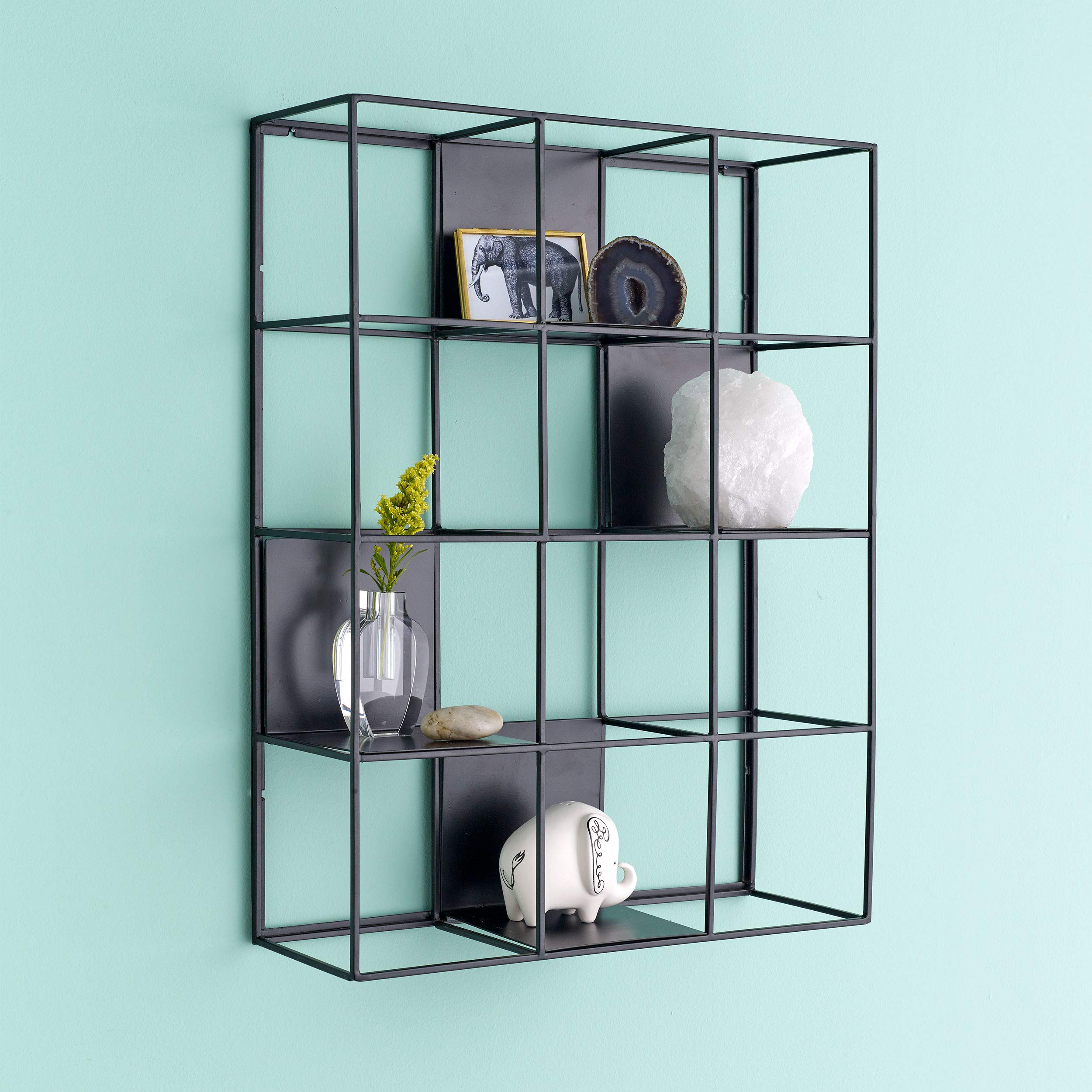 Neo Wall Grid - Black Geometric Metal & Wire Decorative Wall Shelf with Cubbies | Modern Home Office & Living Room Organization Storage Solution