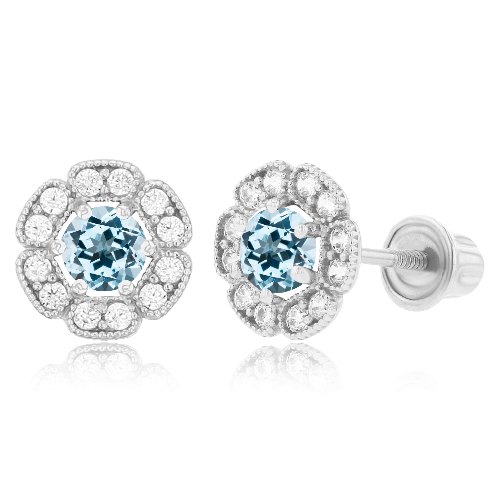 14K Solid Gold 6mm Natural Birthstone Flower Screwback Stud Earrings for Women | 7mm Round Birthstone | 1mm Created White Sapphire Flower Earrings | Perfect for Birthdays, Anniversaries & Everyday Elegance