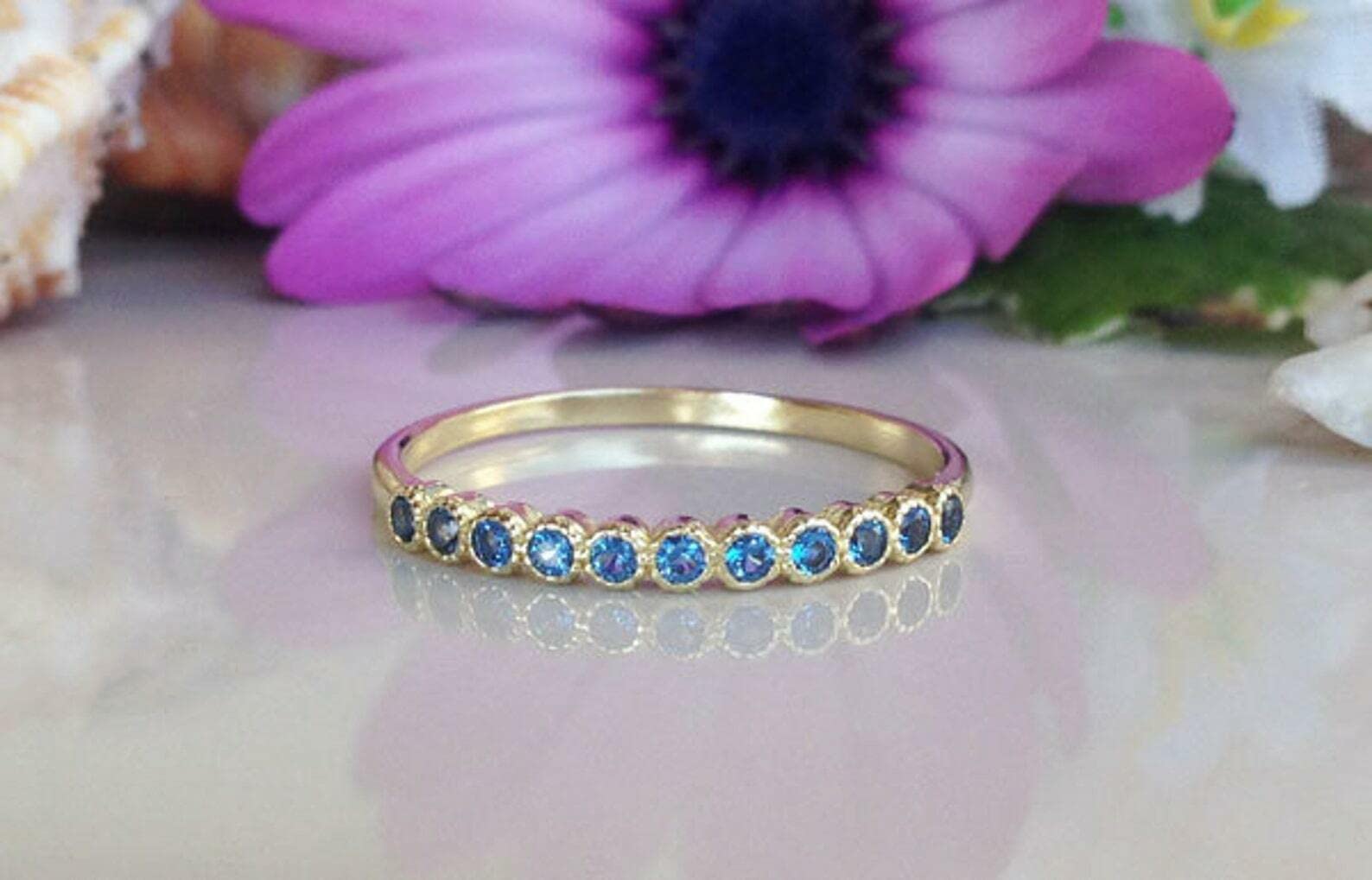 1ct BeBold London Blue Topaz Wedding Ring Band - Round Cut Stackable Yellow Gold Plated for Engagement, Anniversary & Everyday Wear