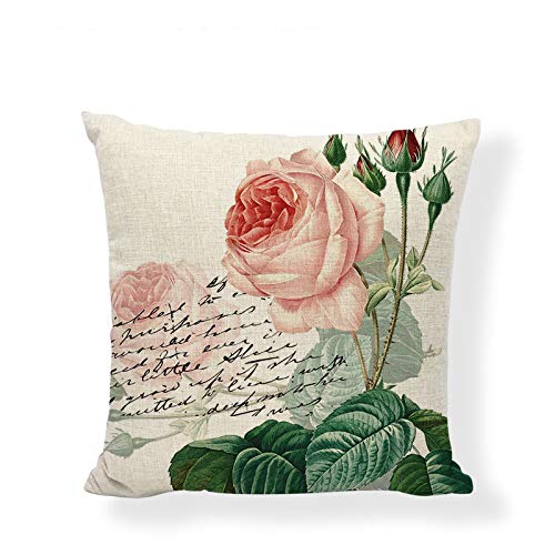 Vintage British Postage Stamp Throw Pillow Covers - Floral Rose Tulip Orchid Blossom Magnolia Design with Classic Letters & Postmark, 18x18 Inch (45x45cm) Cotton Linen Decorative Pillow Case for Living Room Sofa Bedroom Home Decor