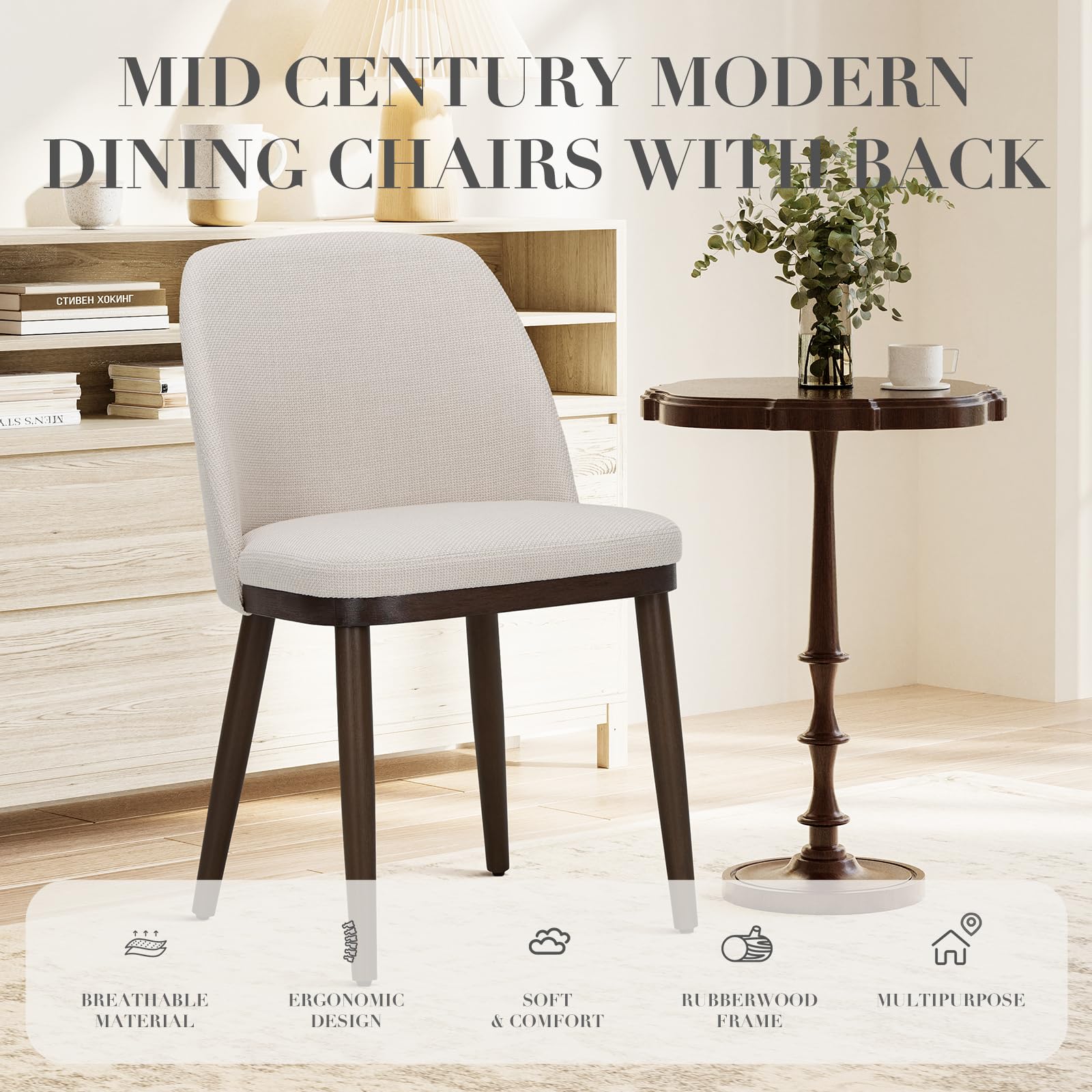 COLAMY Upholstered Dining Chairs Set of 4 - Modern Fabric Kitchen Chairs with Wooden Legs & Back Support for Dining Room, Restaurant or Home - Beige - Perfect for Family Meals, Dinner Parties & Restaurant Seating