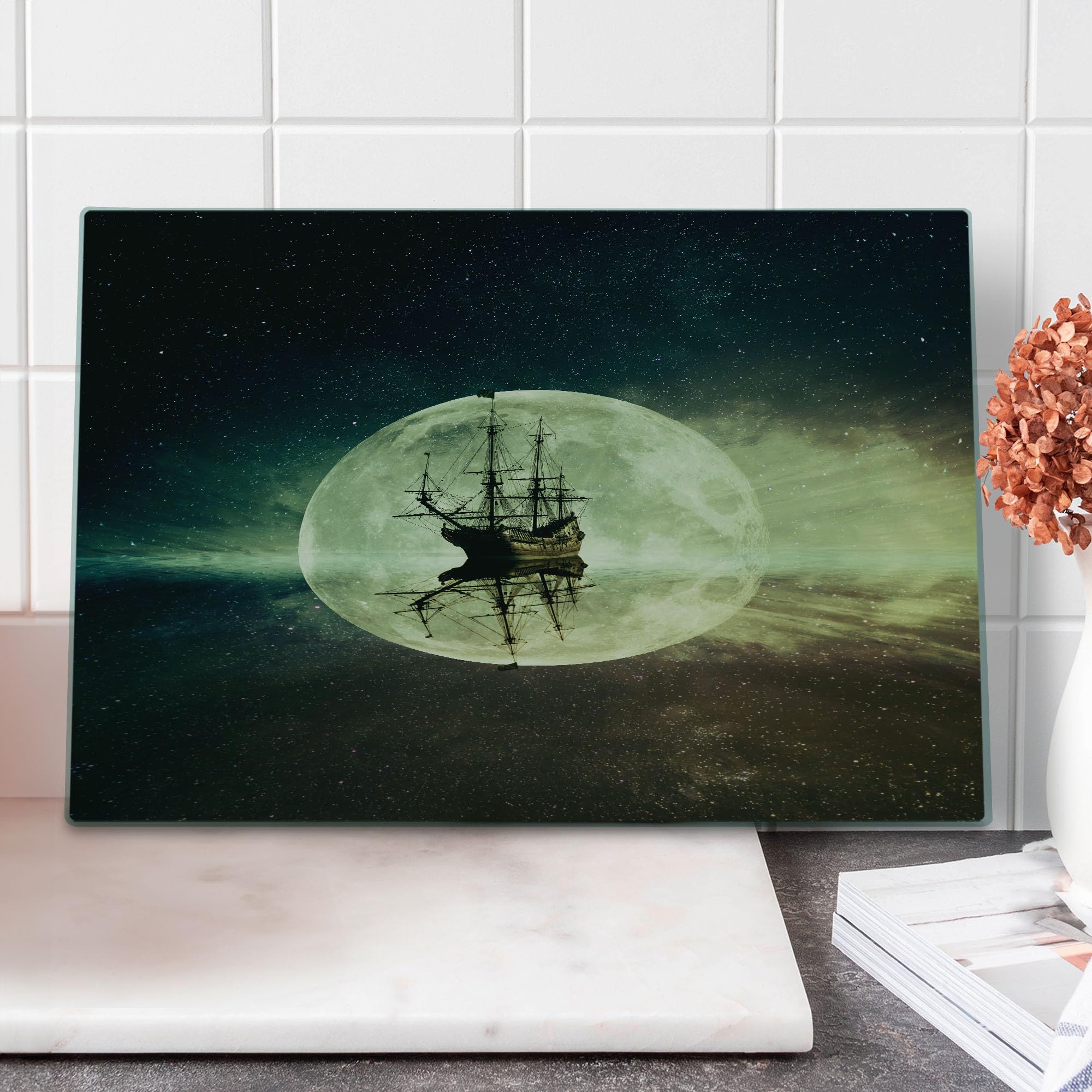 Ambesonne Ocean Themed Vintage Ship Cutting Board - Tempered Glass Serving Board with Starry Night Sky Design - Large Size in Umber, Dark Blue & White - Perfect for Kitchen Prep, Charcuterie & Decorative Serving