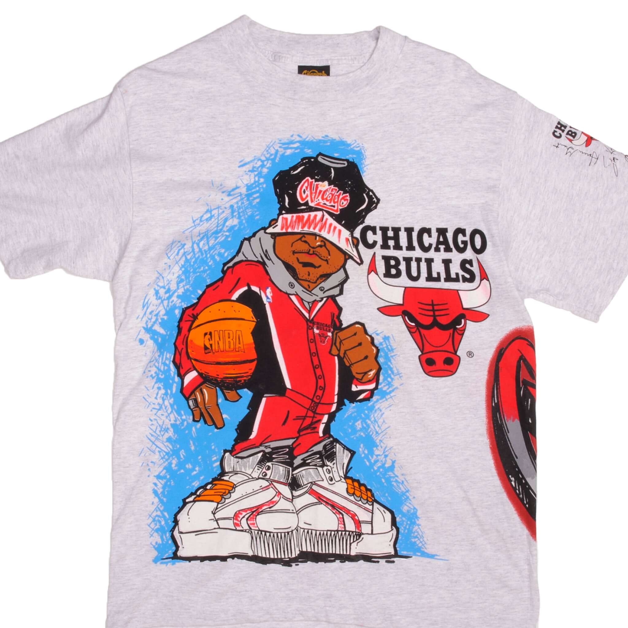 Vintage 1990s Chicago Bulls NBA All Over Print T-Shirt - Size Large - Made in USA - Perfect for Basketball Fans, Retro Fashion & Casual Wear