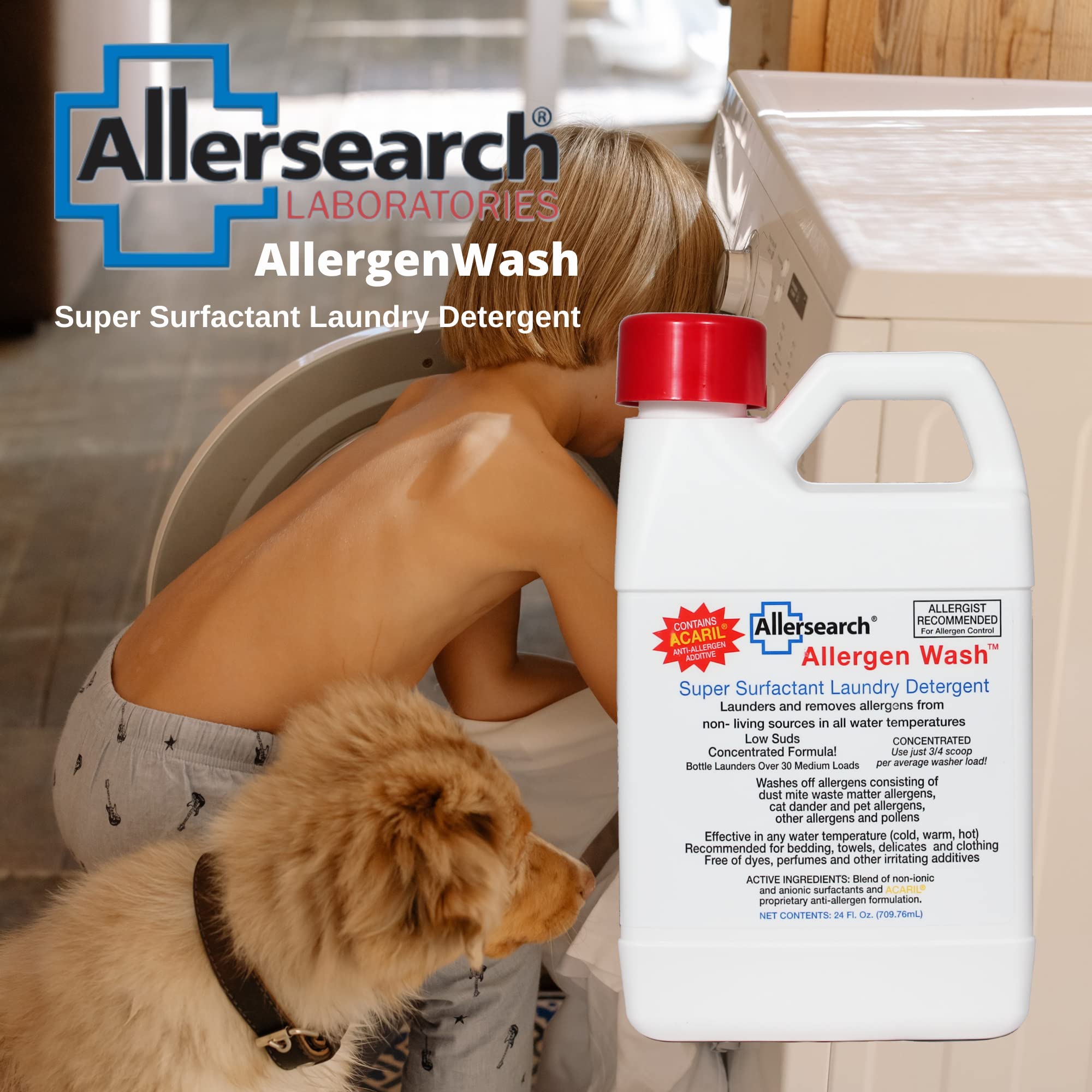 Allersearch AllergenWash 24 Oz Hypoallergenic Laundry Detergent for Sensitive Skin - Eliminates Dust Mites, Pet Dander & Pollen - Perfect for Allergy Sufferers & Baby Clothes