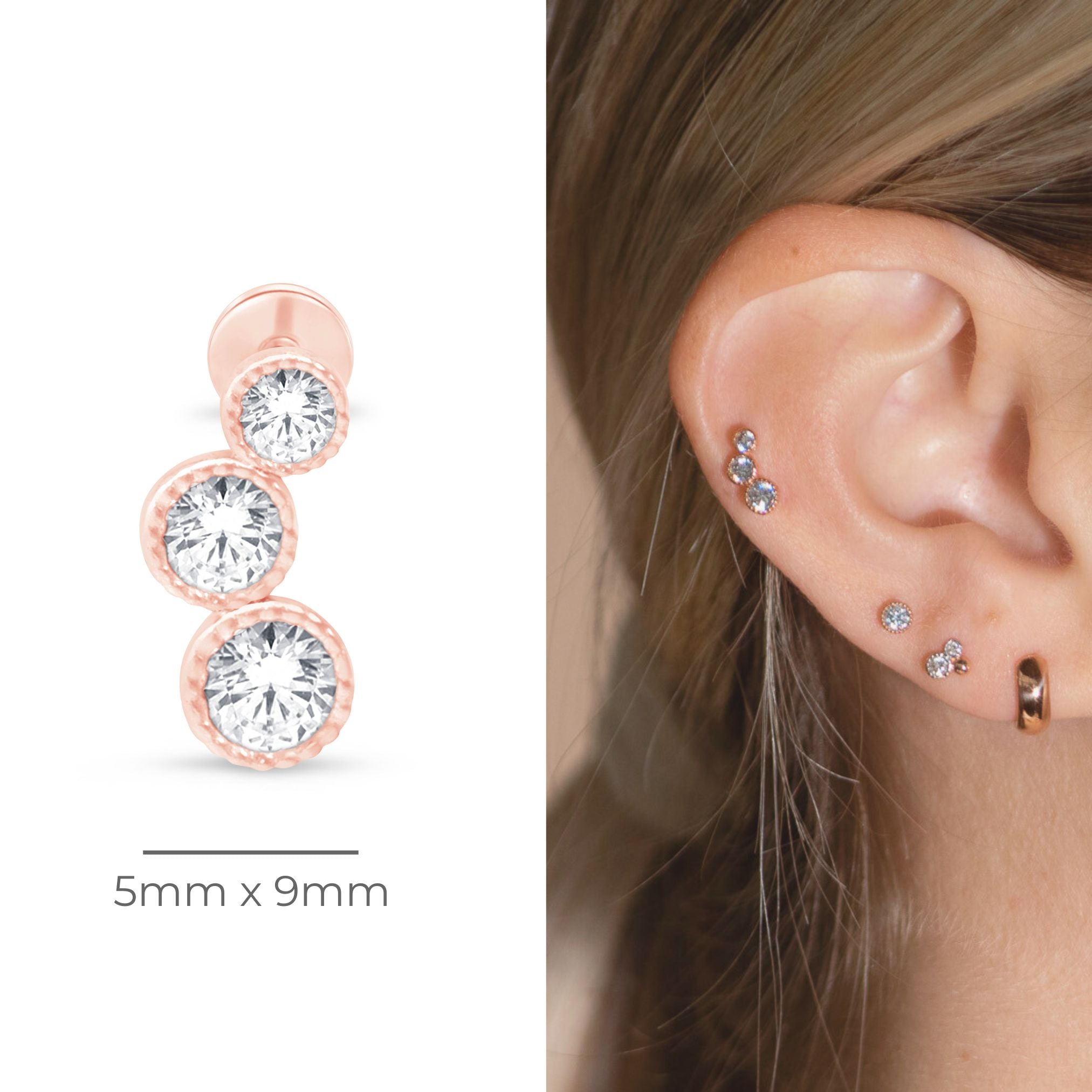 14K Rose Gold Graduated Gemstone Flat Back Stud Earrings with Milgrain Detail - Perfect for Weddings, Parties & Everyday Elegance