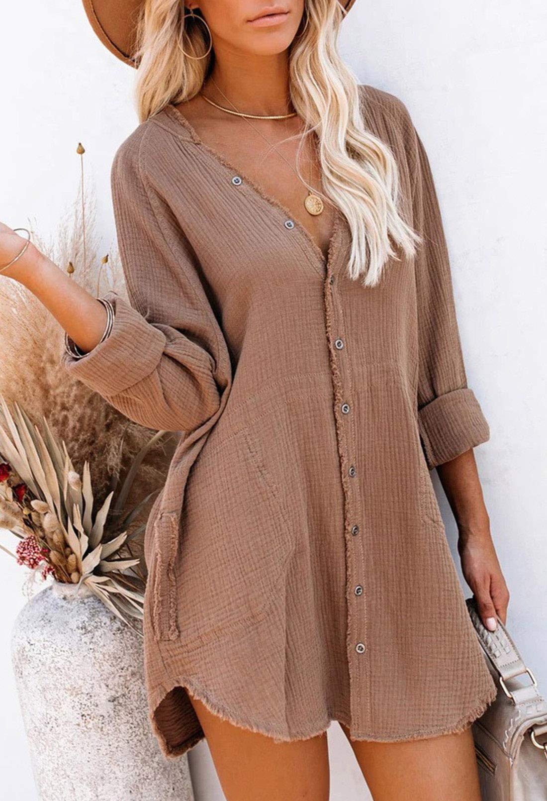Pink Queen Women's V-Neck Long Sleeve Button-Down Blouse Tunic Shirt Mini Dress with Pockets - Elegant Office Wear & Casual Outfit for Work, Date Night and Special Occasions