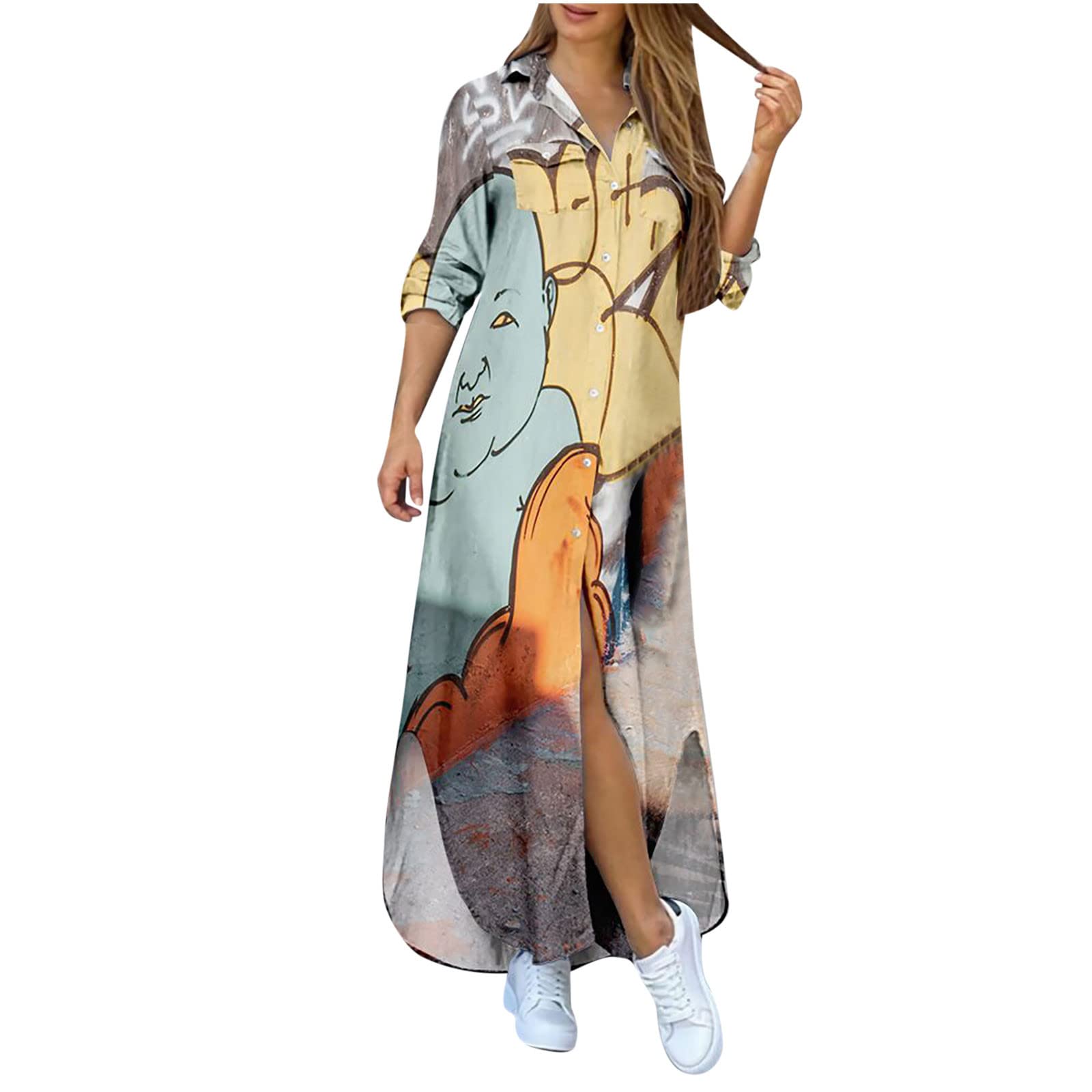 Women's Floral Casual Shirt Dress - Button Down Long Sleeve Maxi Dress with Roll-Up Sleeves, Loose Fit for Comfort | Perfect for Spring Outfits, Beach Coverups & Everyday Wear