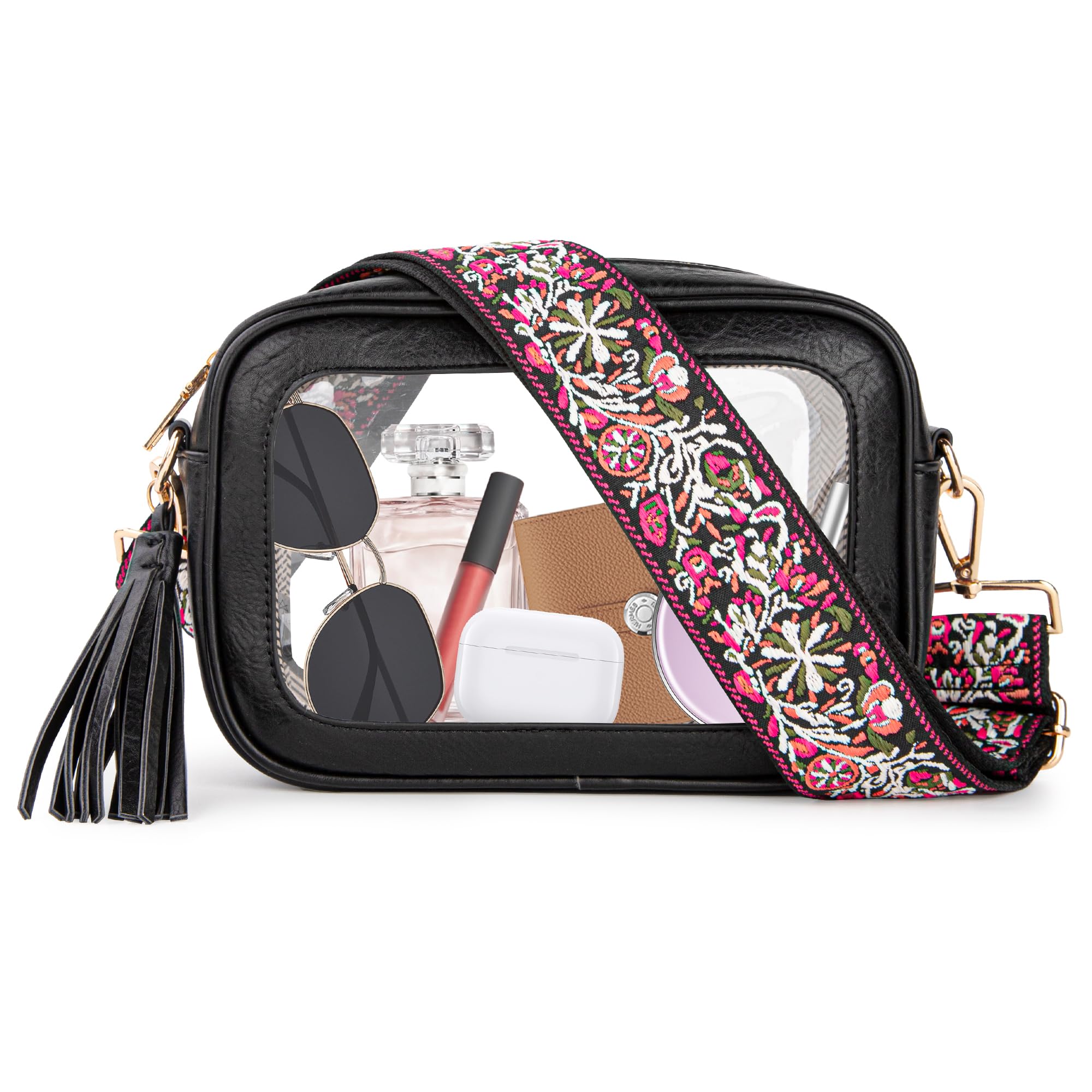 Viva Terry Approved Clear Stadium Bag - Small Adjustable Strap Crossbody Purse for Makeup & Toiletry (Black) | Perfect for Concerts, Sports Games & Travel Security Checks