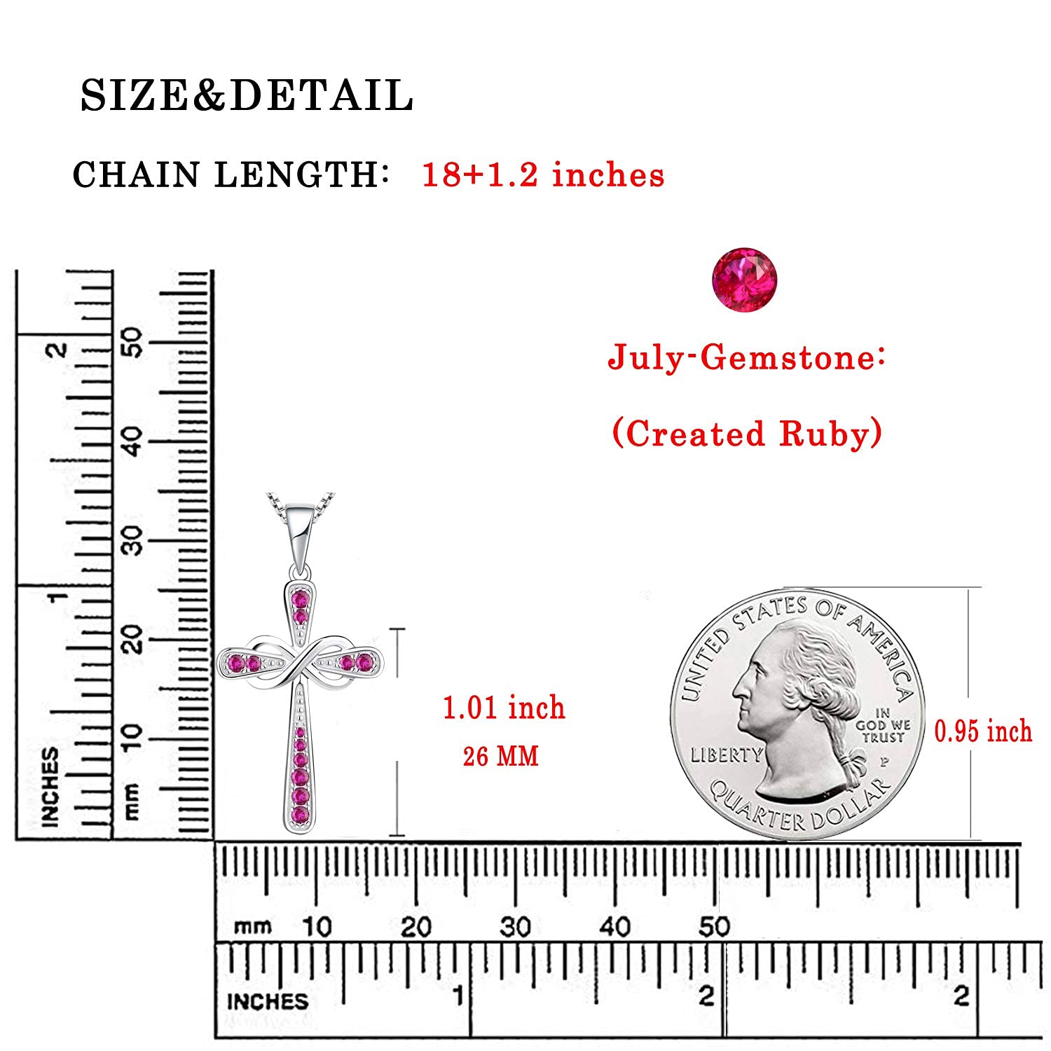 YL Sterling Silver Infinity Cross Necklace with Created Ruby - Elegant Crucifix Pendant for Women | Perfect for Church, Weddings & Everyday Fashion Jewelry