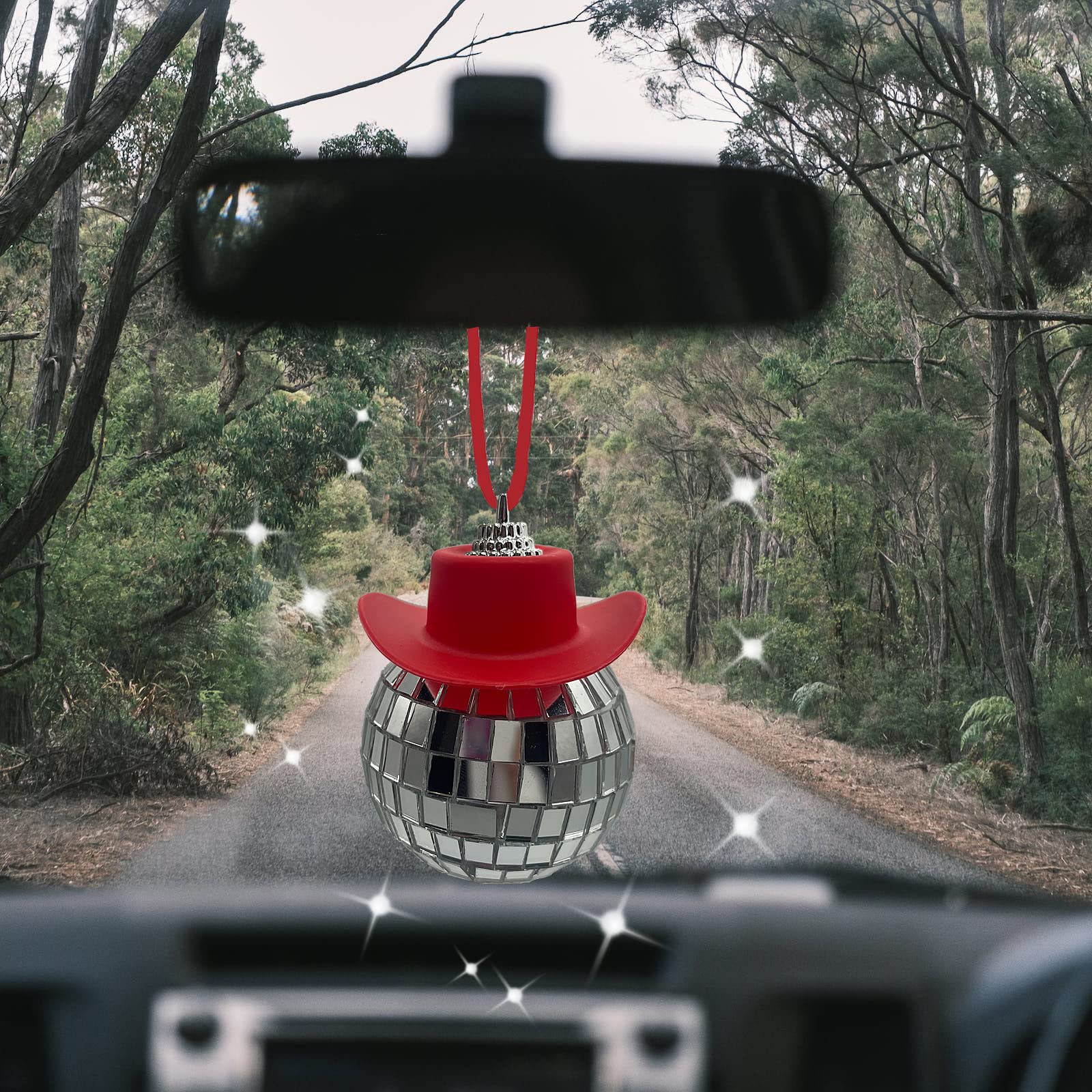 Red Disco Ball Car Mirror Ornament with Cowboy Hat - Fun Car Accessory for Women - Perfect for Road Trips, Parties & Country Music Lovers