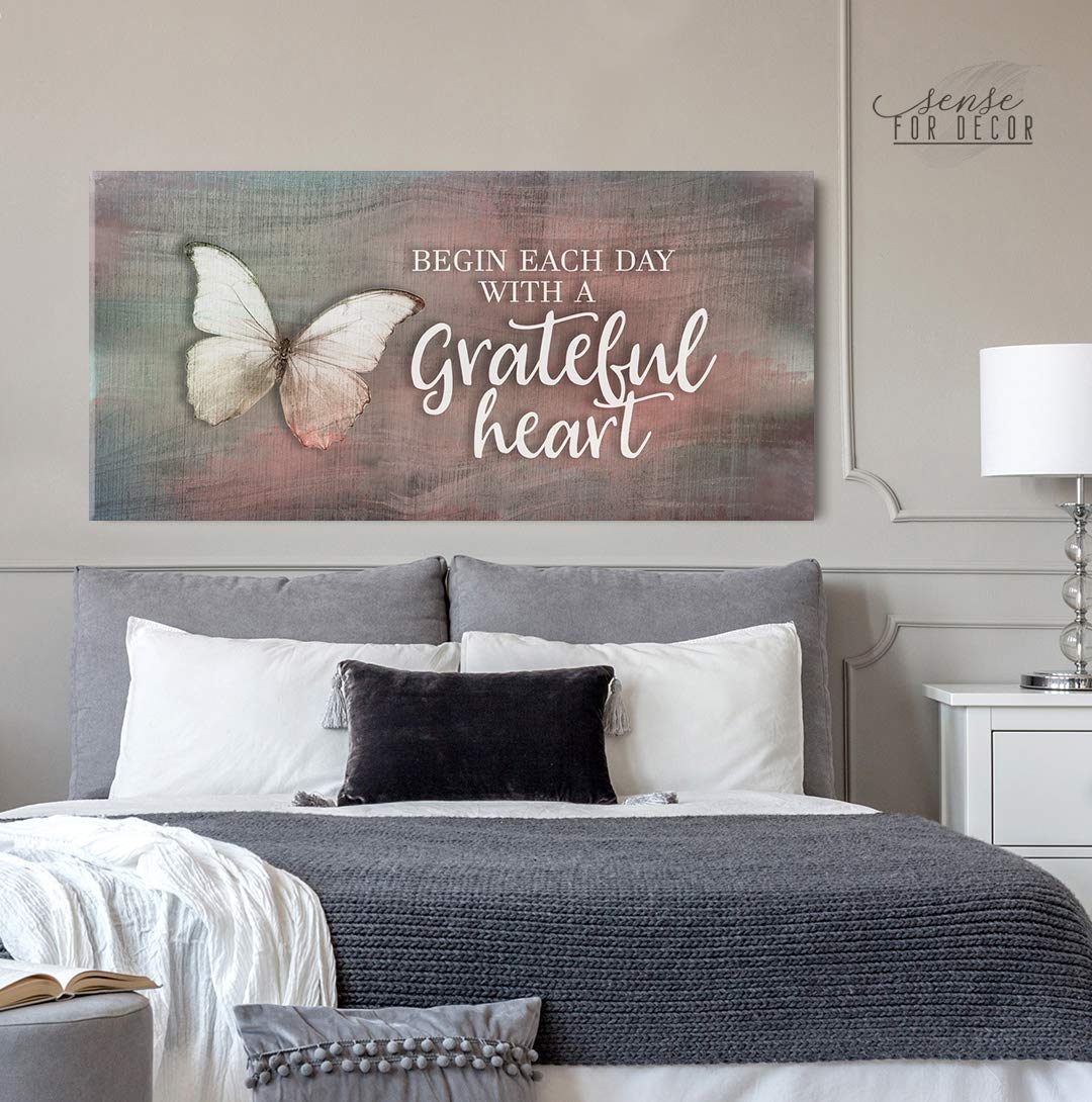 Inspirational Wall Art - 'Begin Each Day' Motivational Quote Canvas Print, Blessed & Religious Home Decor, Large Pink Butterfly Wall Décor (60x27 Inches) - Perfect for Living Room, Bedroom & Office