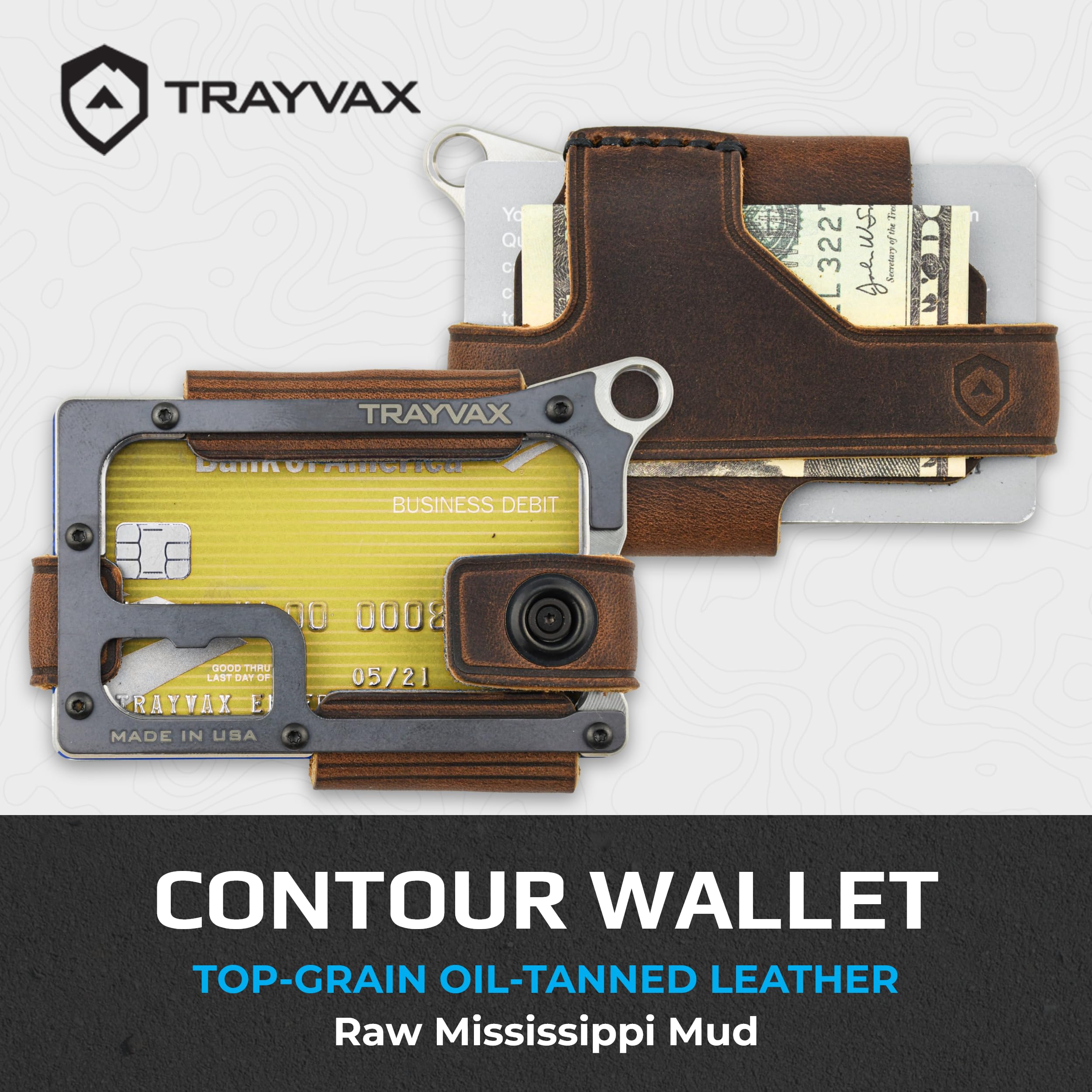 Trayvax Contour RFID Front Pocket Wallet - Slim Leather & Metal Minimalist Money & Credit Card Holder for Men & Women - Raw Mississippi Mud - Perfect for Travel, Everyday Carry & Secure Storage
