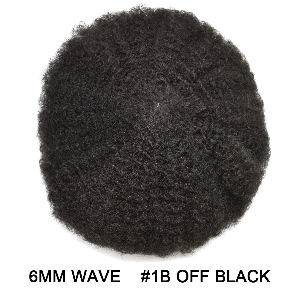 Brazilian Human Hair Toupee for Black Men - Afro Curly Hair Replacement System with Full Poly Skin Base (#1B Off Black, 6mm Wave Curl) - Perfect for Daily Wear, Special Occasions & Hair Loss Solutions