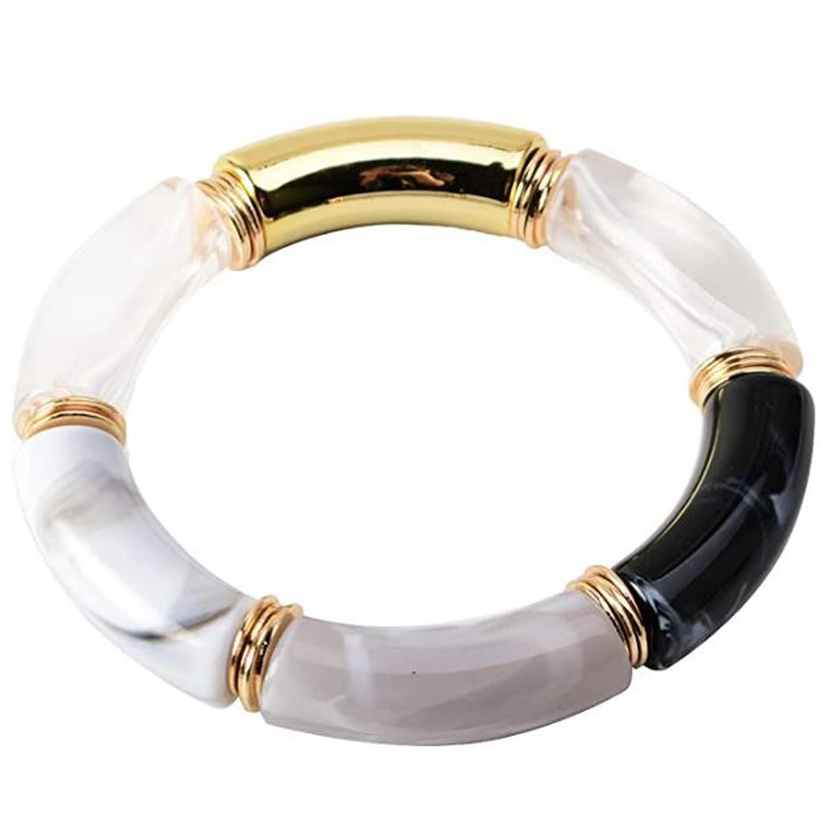 Colorful Beaded Acrylic Bamboo Tube Bangle Bracelets for Women - Chunky Curved Stretch Bracelet with Gold Accents | Stackable Friendship Jewelry for Casual Wear, Boho Fashion & Gift Giving