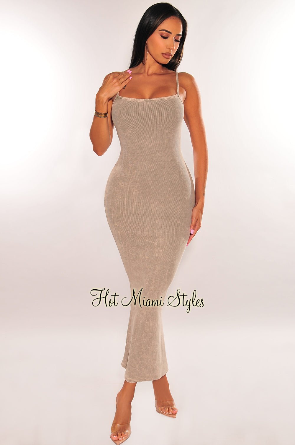 Vintage Wash Taupe Ribbed Spaghetti Strap Scoop Back Maxi Dress with Side Slit - Perfect for Summer Beach, Boho Chic Outfits & Casual Date Nights
