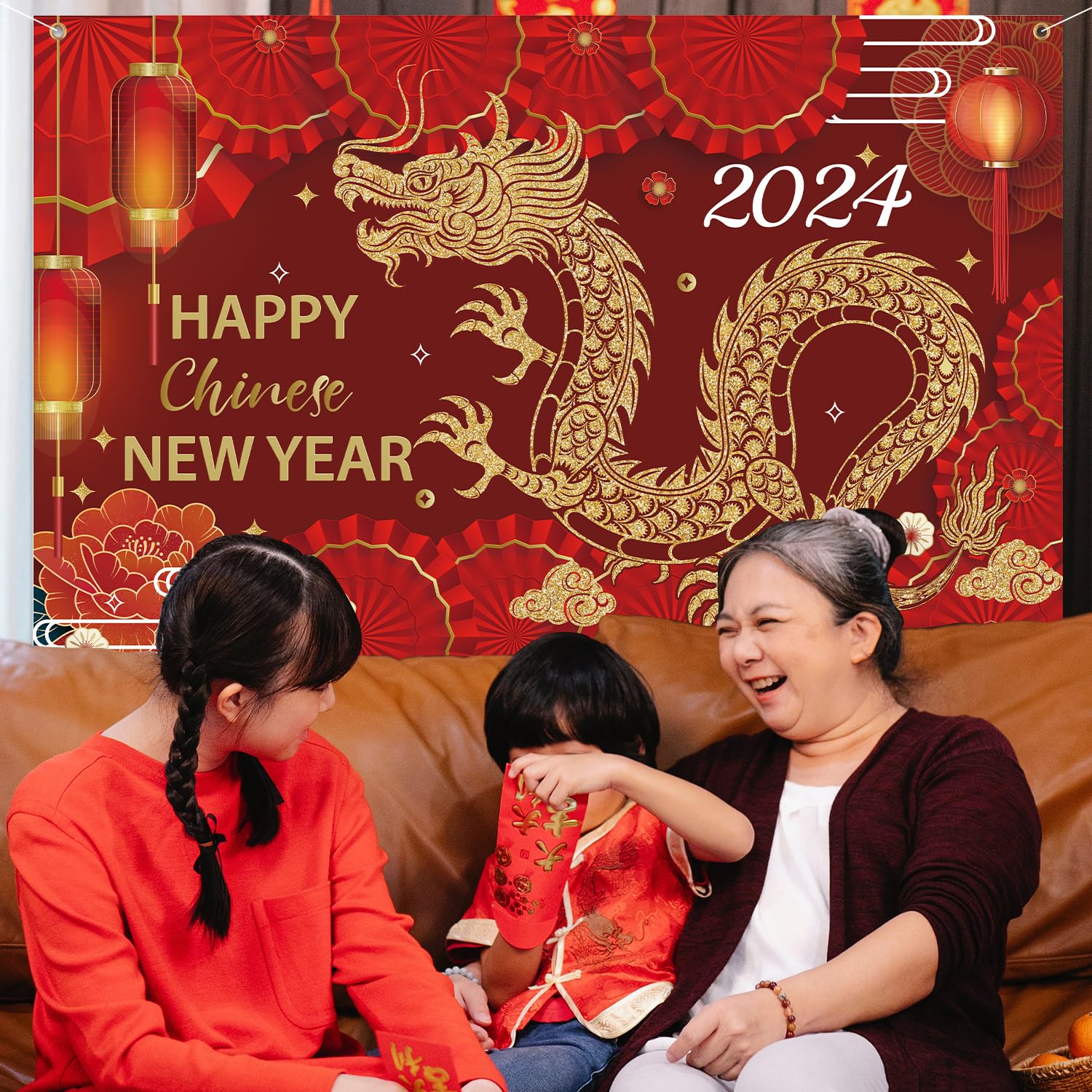 71x45 Inch Happy New Year Banner 2024 - Chinese New Year Backdrop, Dragon Lantern Red Background for New Year Eve Party Decorations & Photo Props | Perfect for Home, Office, and Festival Celebrations